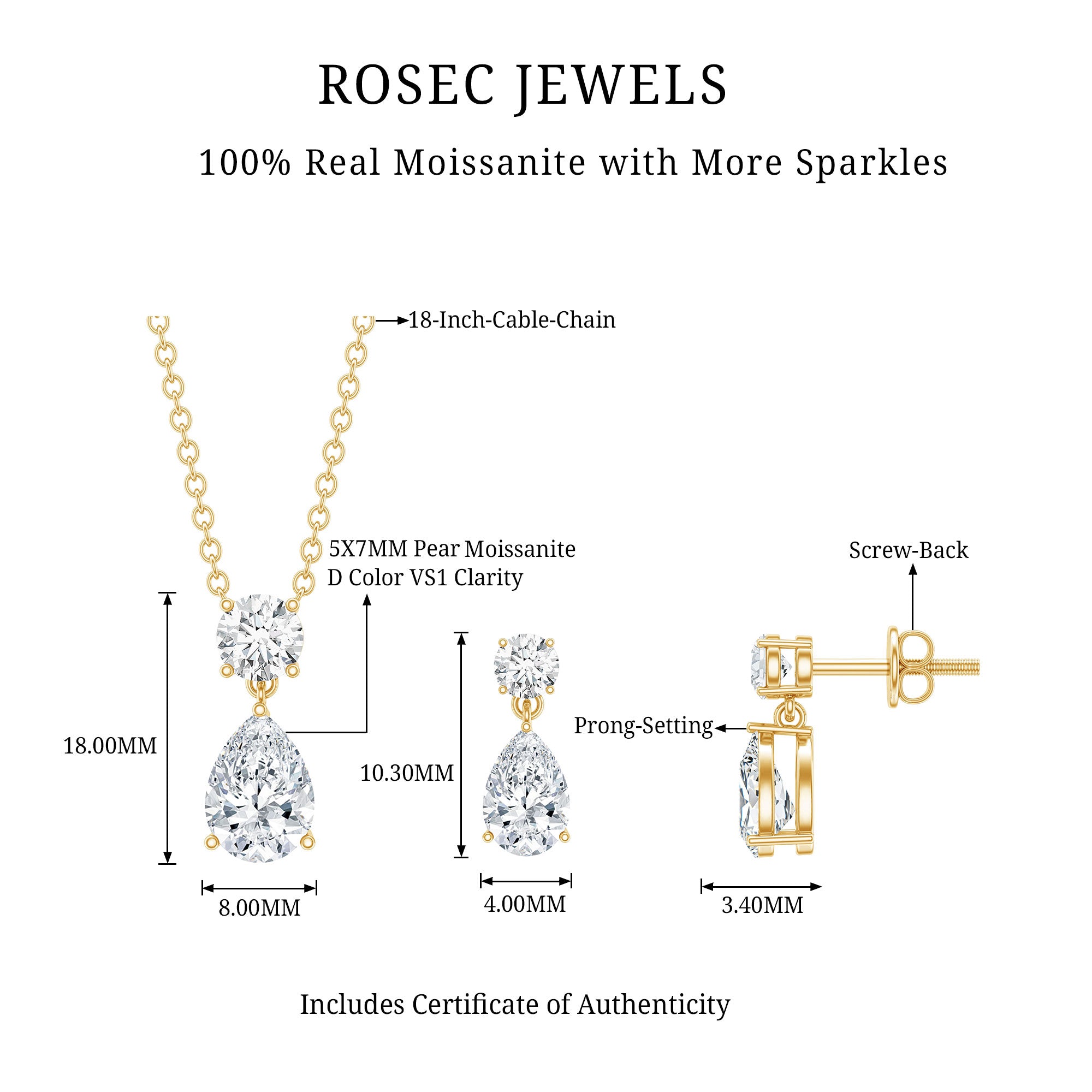 2.5 CT Moissanite Teardrop Two Stone Jewelry Set D-VS1 - Rosec Jewels