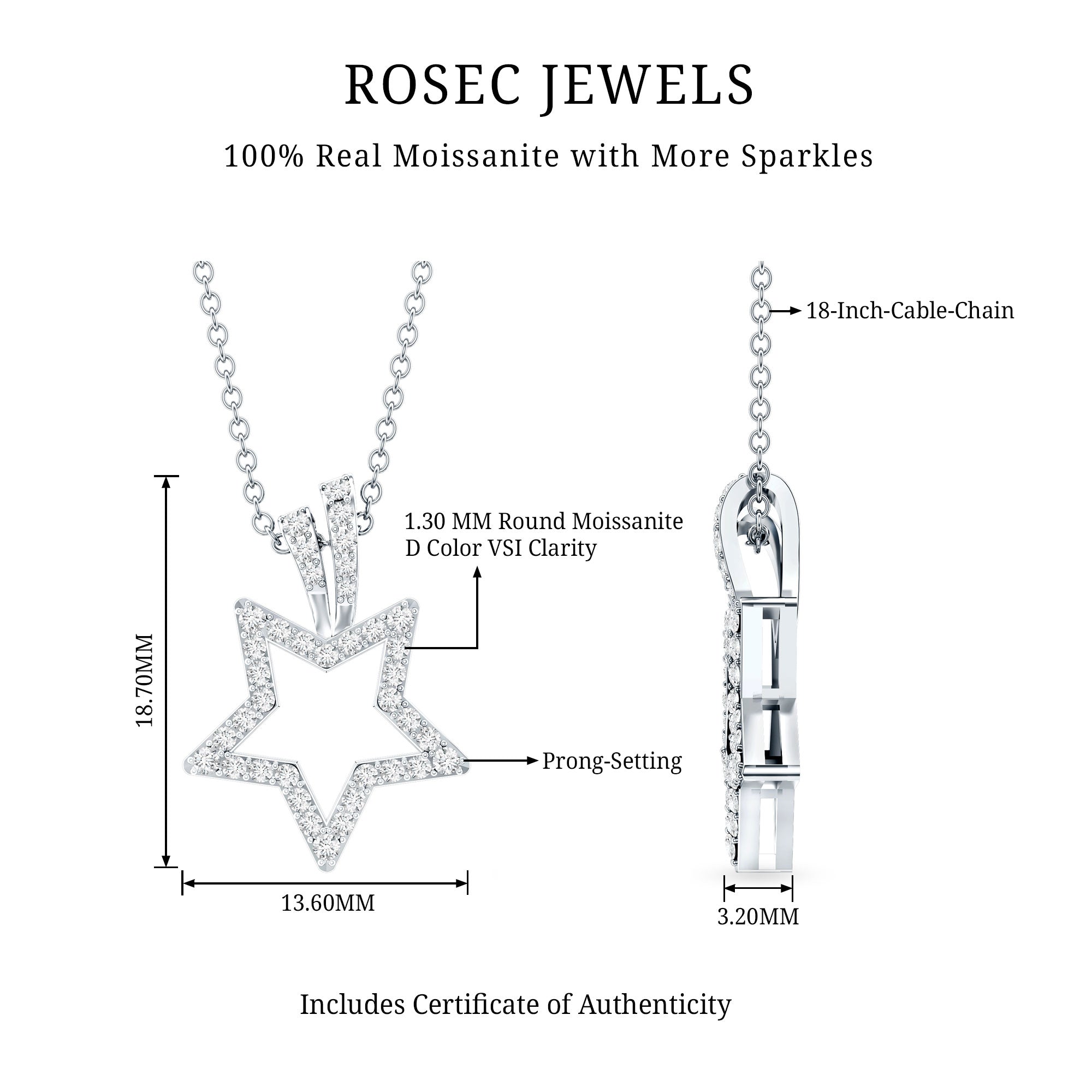 Certified Moissanite Star Shape Pendant D-VS1 - Rosec Jewels