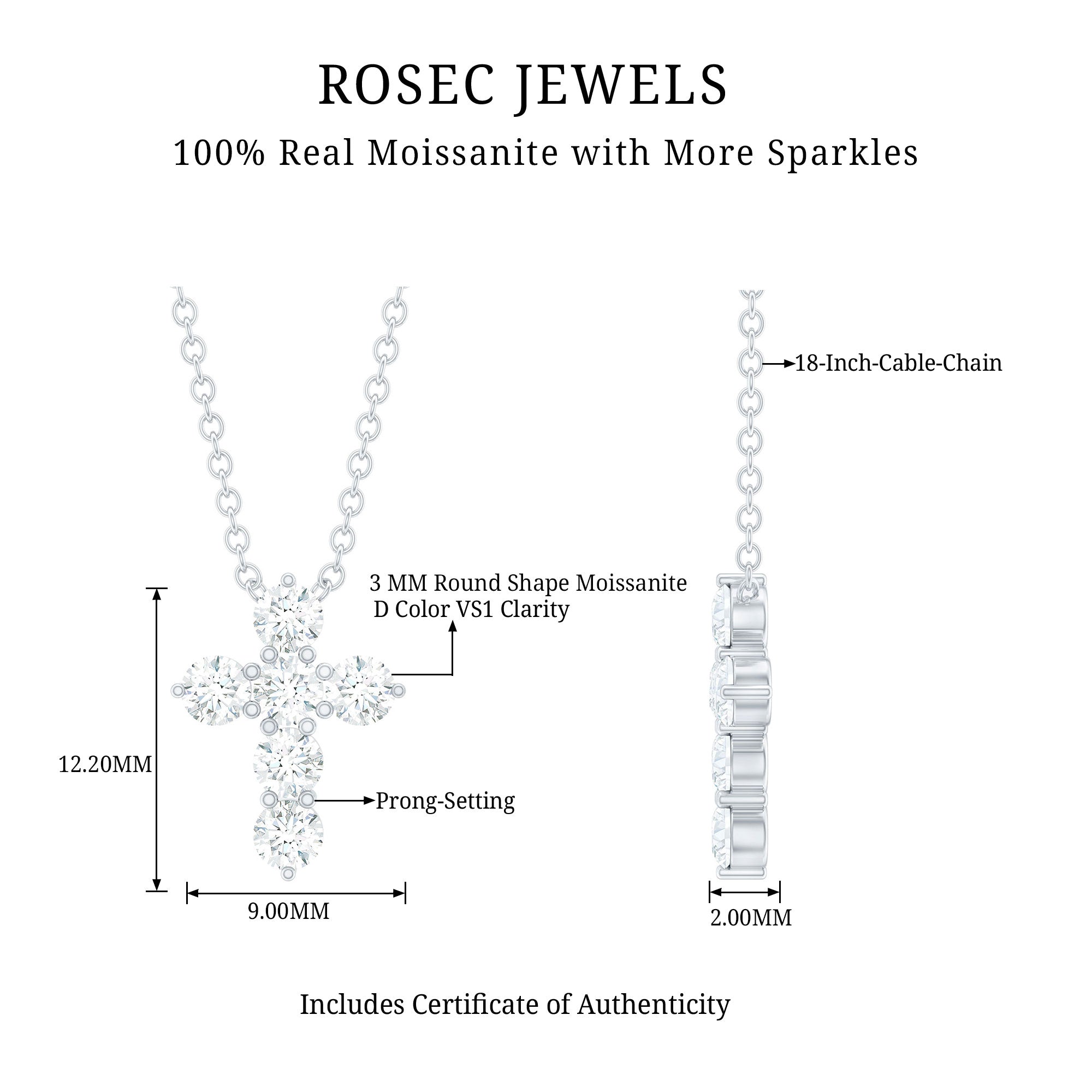 Round Cut Moissanite Cross Pendant Necklace D-VS1 - Rosec Jewels