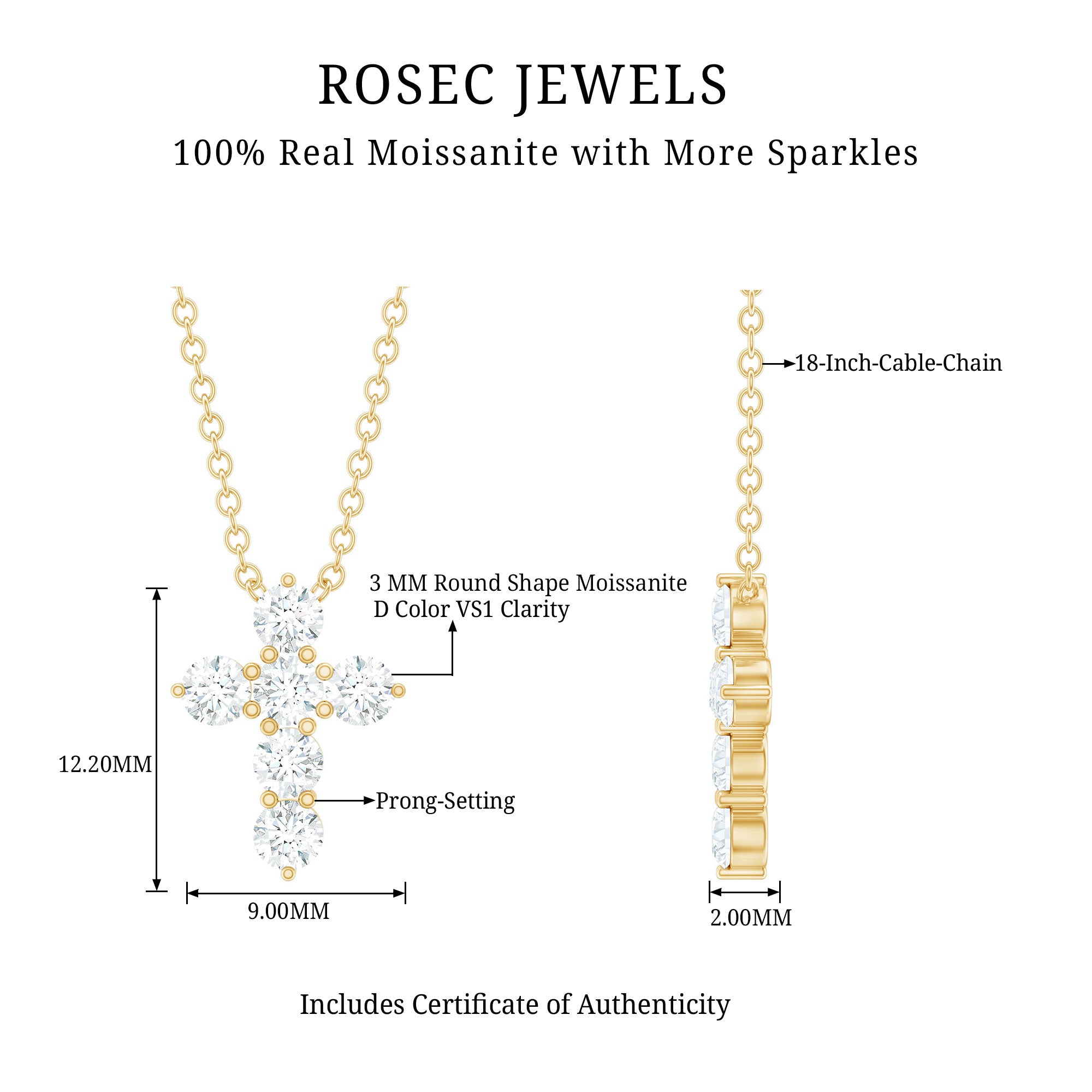 Round Cut Moissanite Cross Pendant Necklace D-VS1 - Rosec Jewels