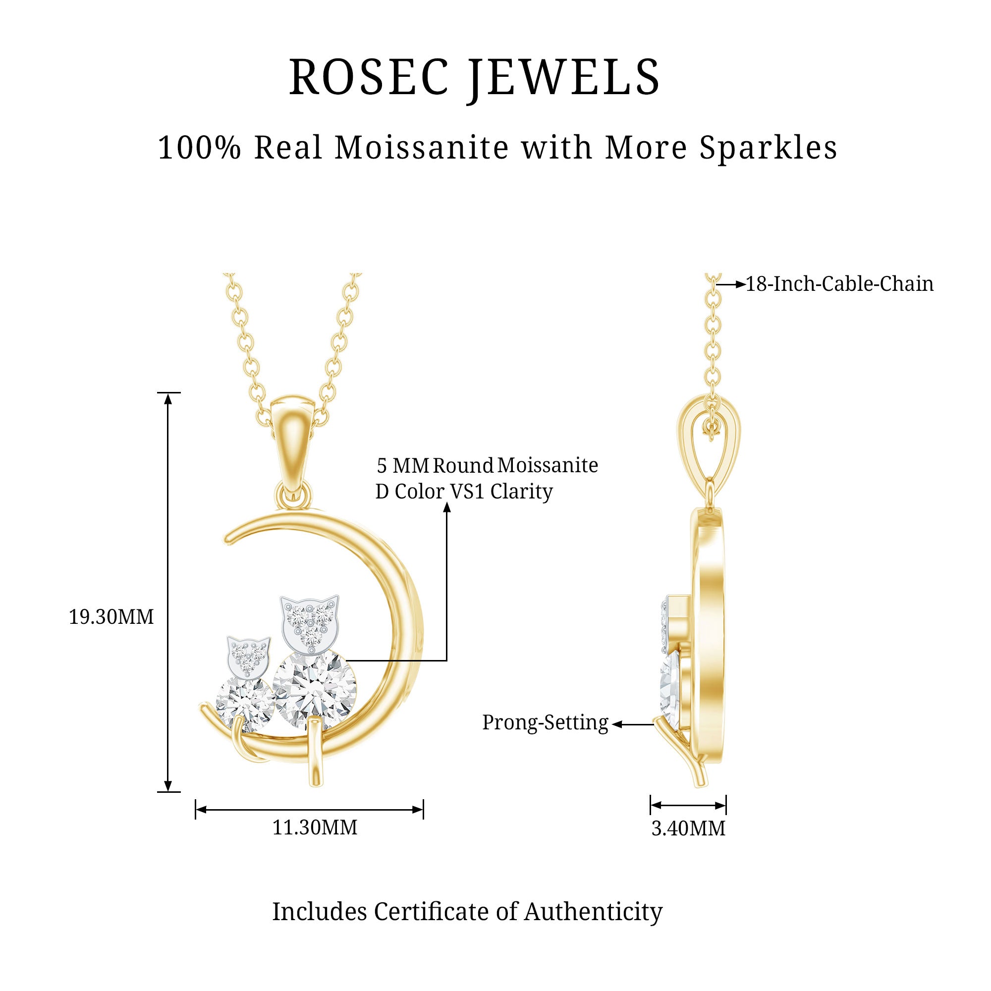 Certified Moissanite Cat on Moon Pendant D-VS1 - Rosec Jewels
