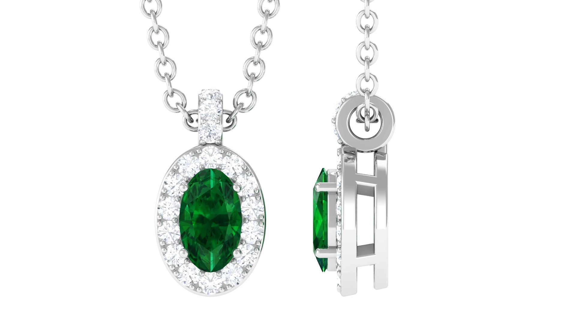 Created Emerald Oval Pendant Necklace with Diamond