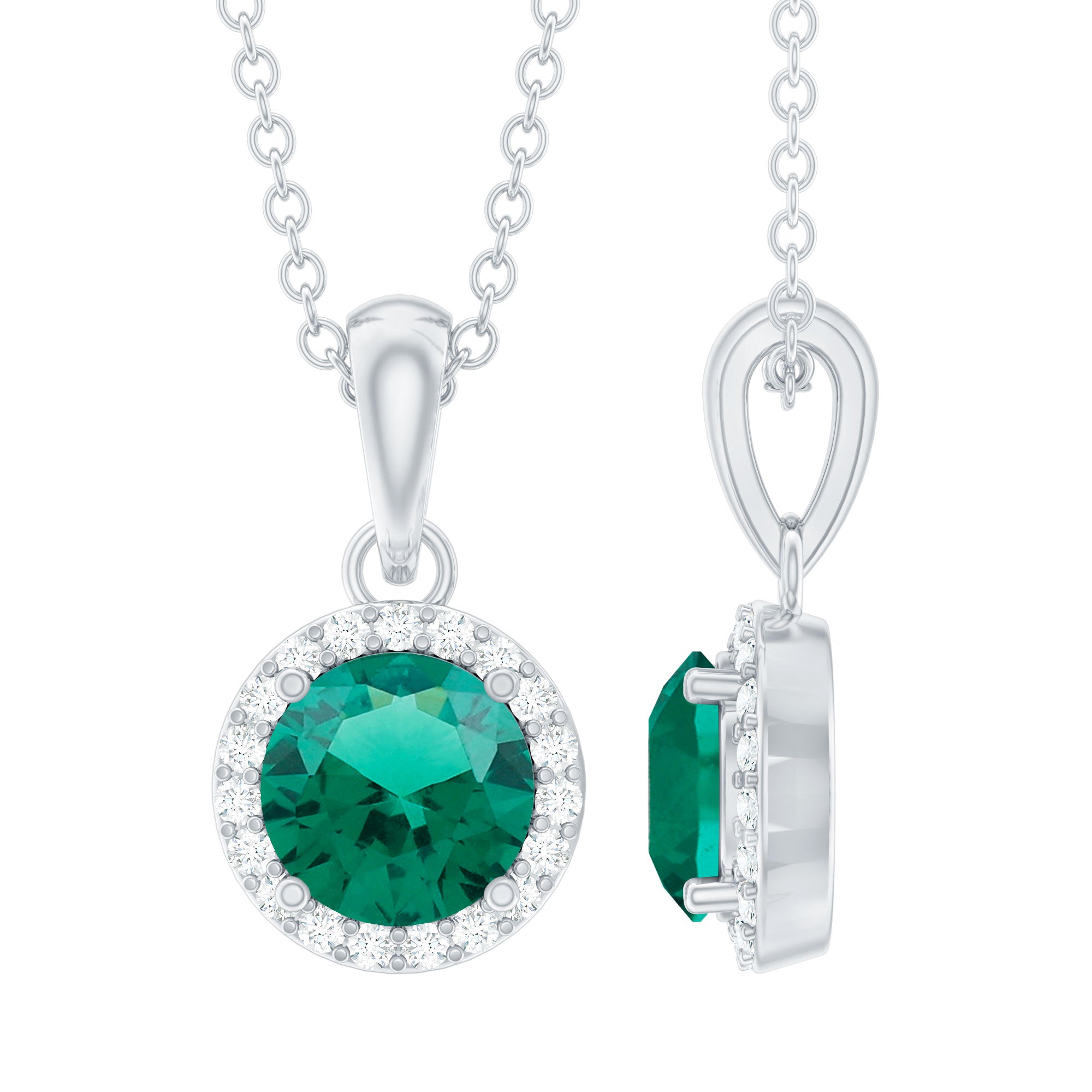 Lab Created 6 MM Emerald and Moissanite Halo Necklace with Chain