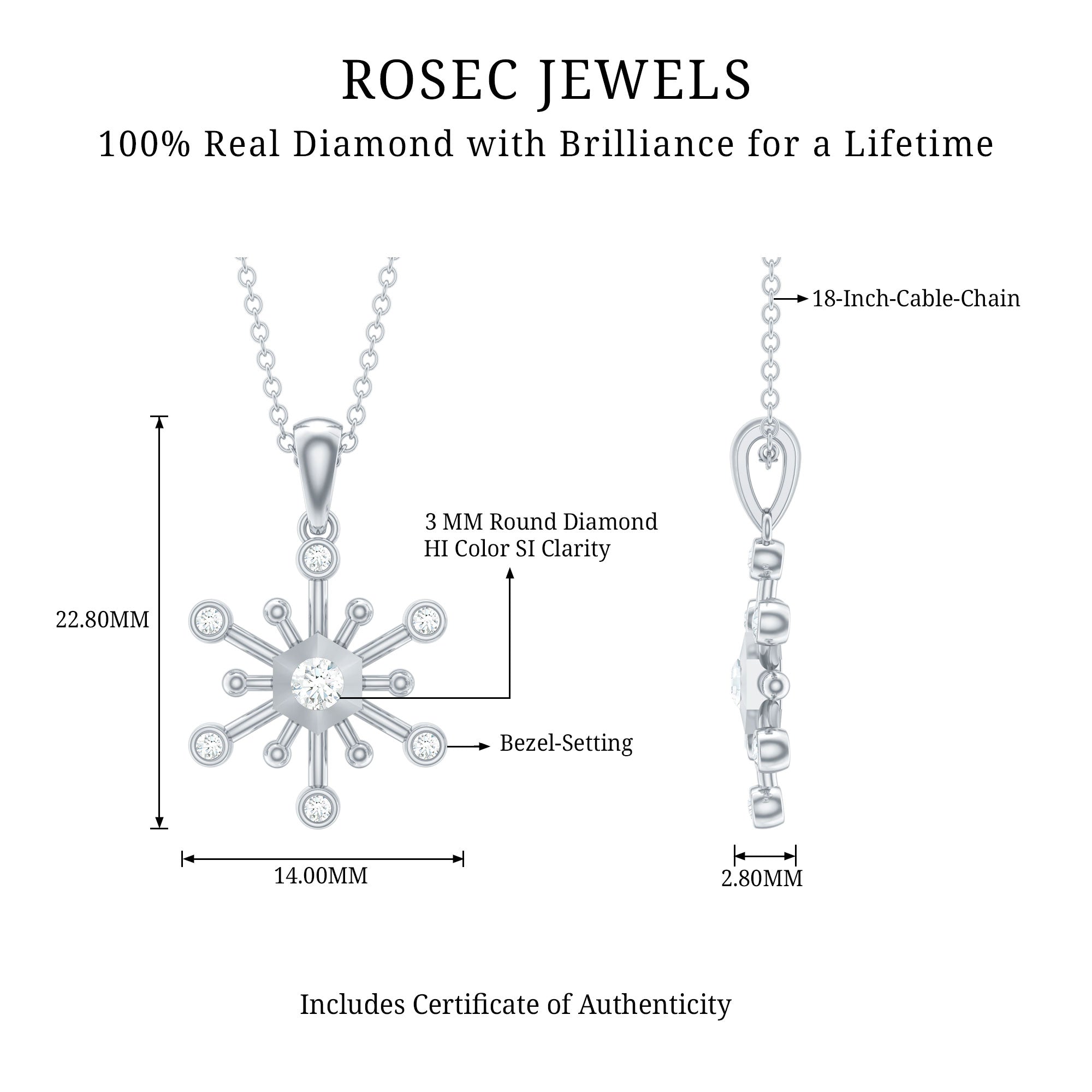 Rosec Jewels-1/4 CT Snowflake Pendant for Women with Diamonds