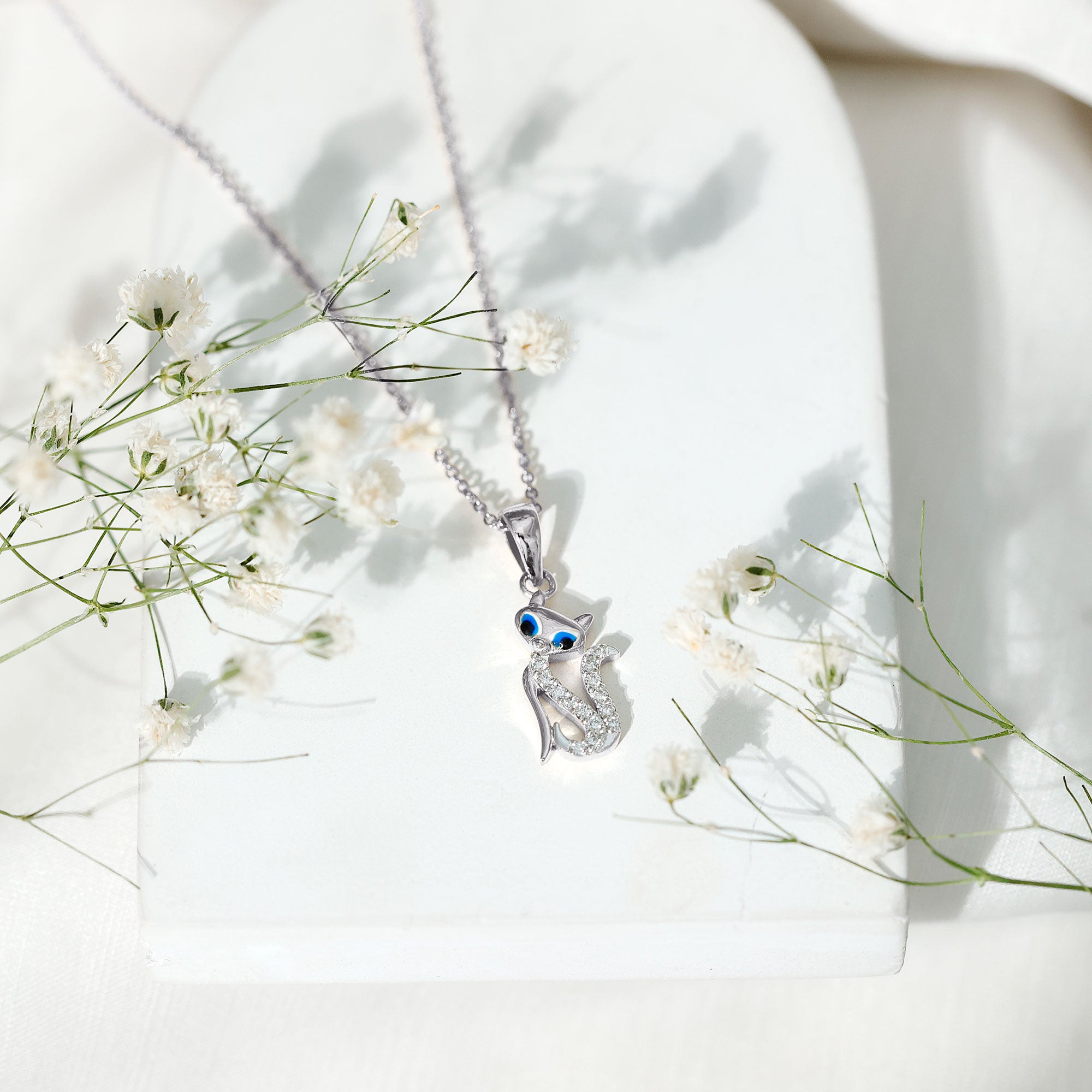 Rosec Jewels-April Birthstone Diamond Kitty Charm Necklace For Women