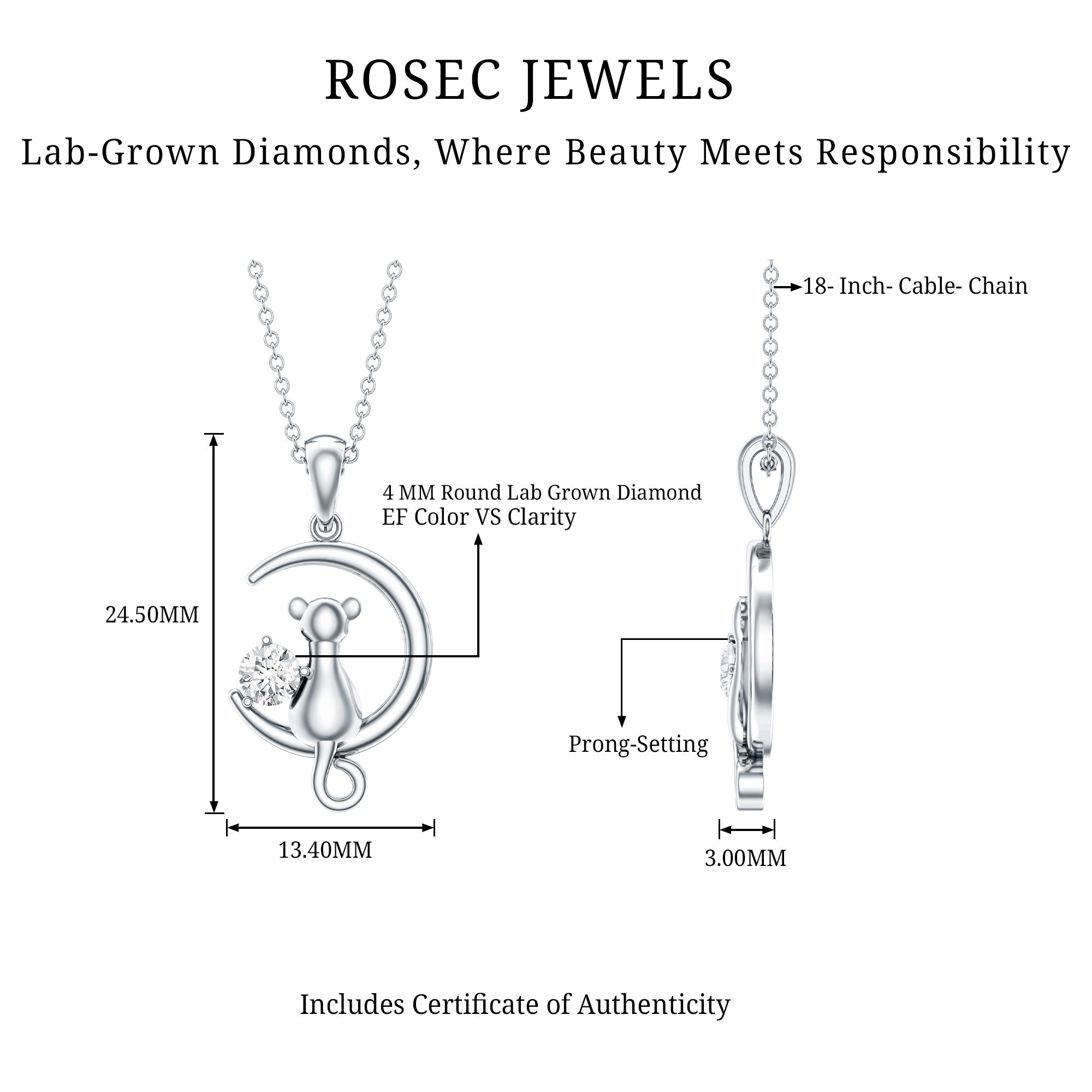 Certified Diamond Cat on Moon Necklace Lab - ( EF-VS ) - Rosec Jewels