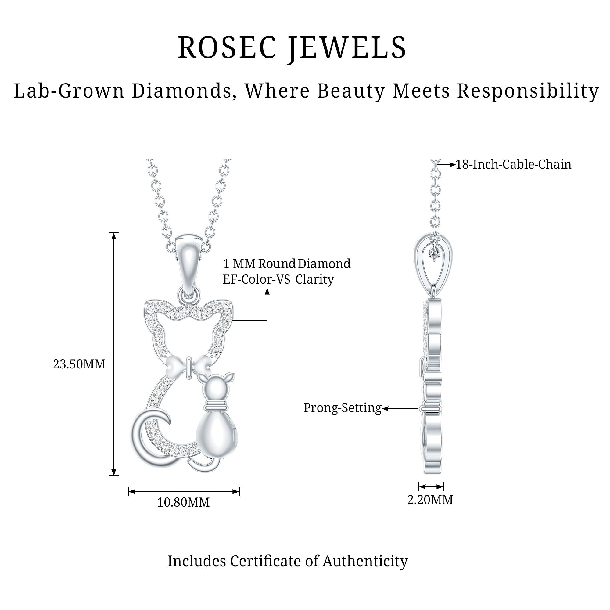 Certified Diamond Kitty Cat Pendant Necklace Lab - ( EF-VS ) - Rosec Jewels