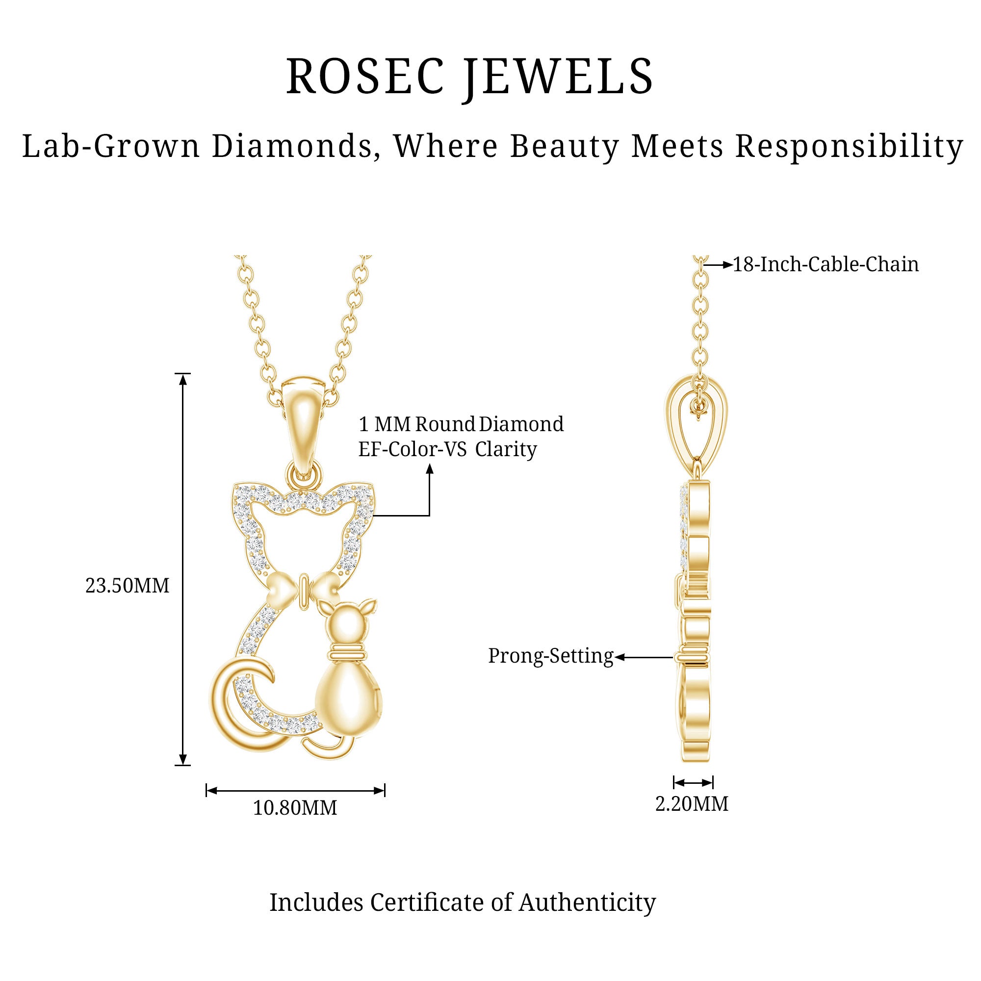 Certified Diamond Kitty Cat Pendant Necklace Lab - ( EF-VS ) - Rosec Jewels