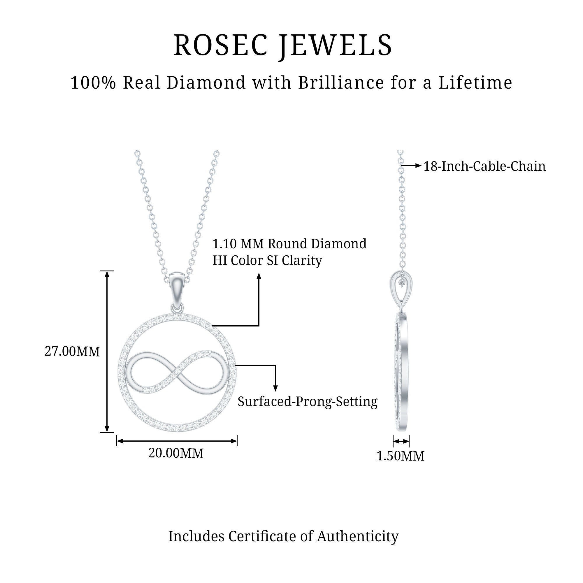 Diamonds Infinity Eternity Pendant Necklace Lab - ( EF-VS ) - Rosec Jewels