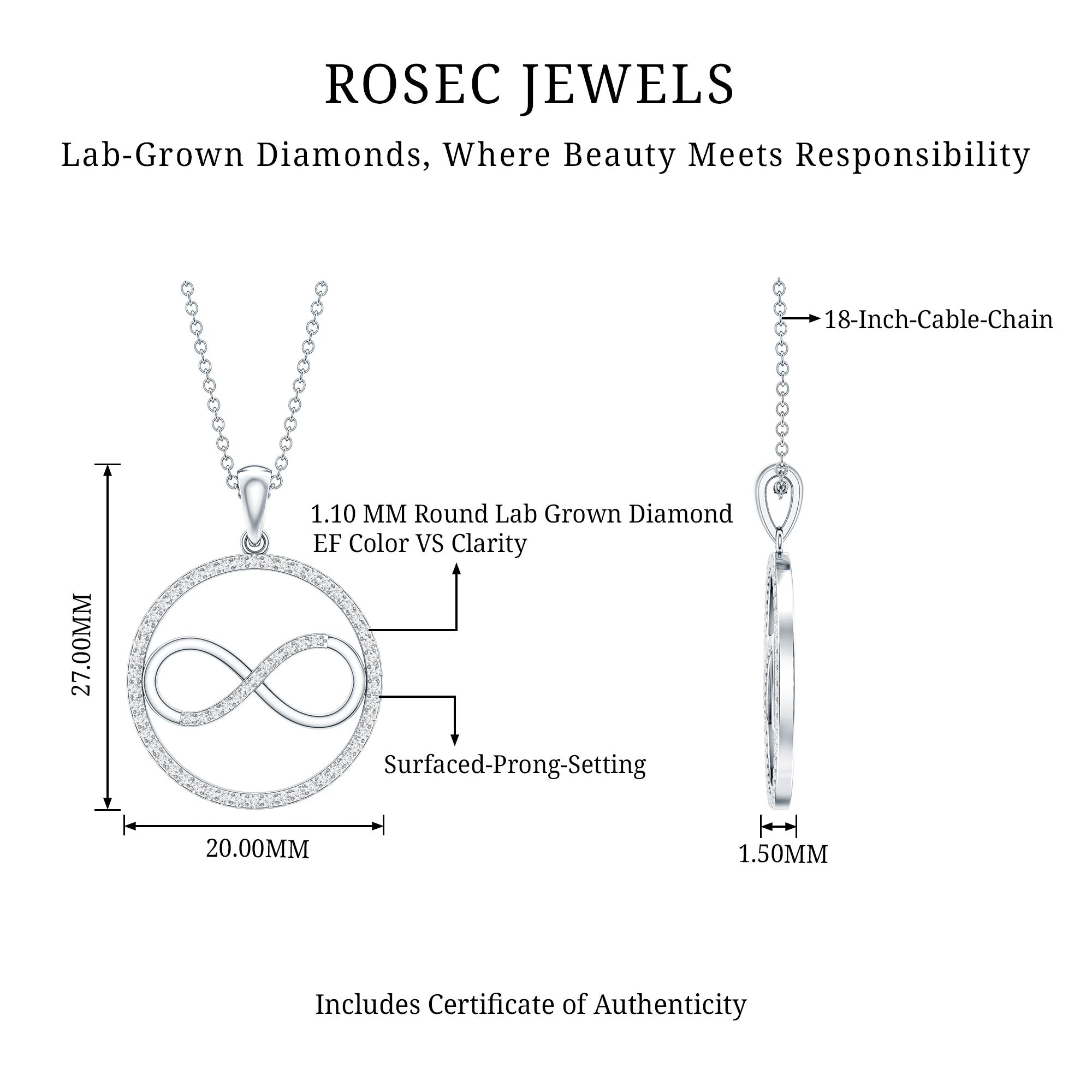 Diamonds Infinity Eternity Pendant Necklace Lab - ( EF-VS ) - Rosec Jewels