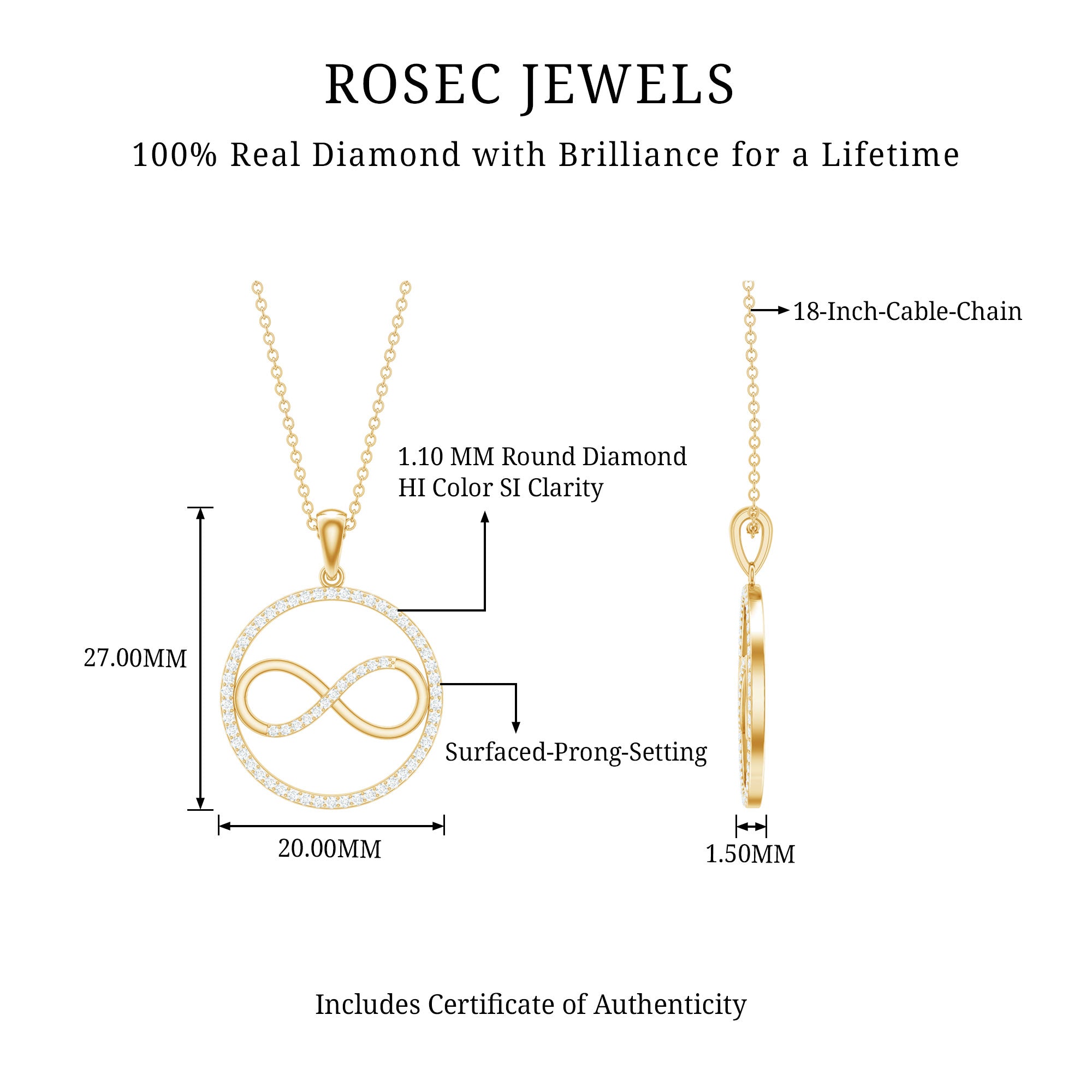 Diamonds Infinity Eternity Pendant Necklace Lab - ( EF-VS ) - Rosec Jewels