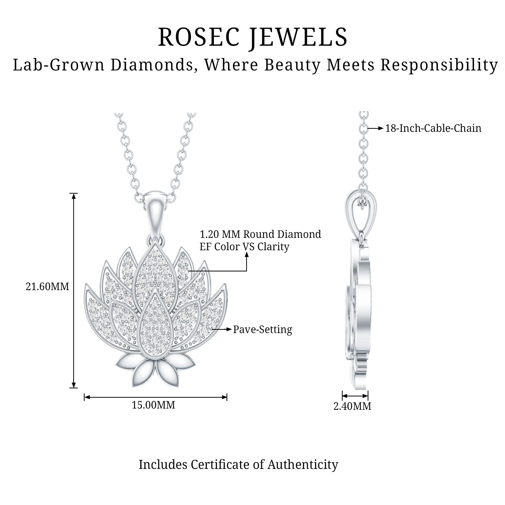 Diamond Designer Lotus Flower Necklace Lab - ( EF-VS ) - Rosec Jewels
