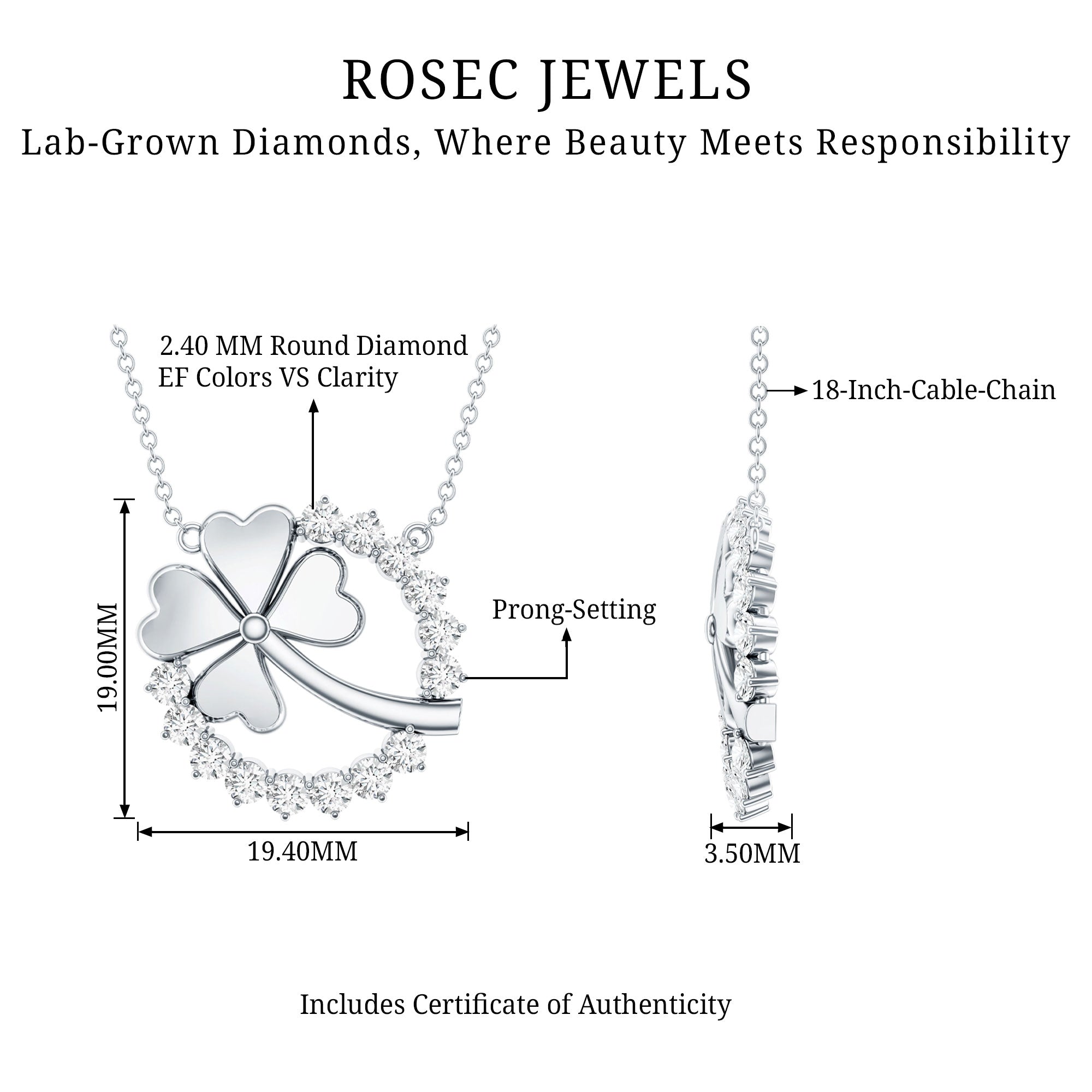 Certified Diamond Lucky 4 Leaf Necklace Lab - ( EF-VS ) - Rosec Jewels