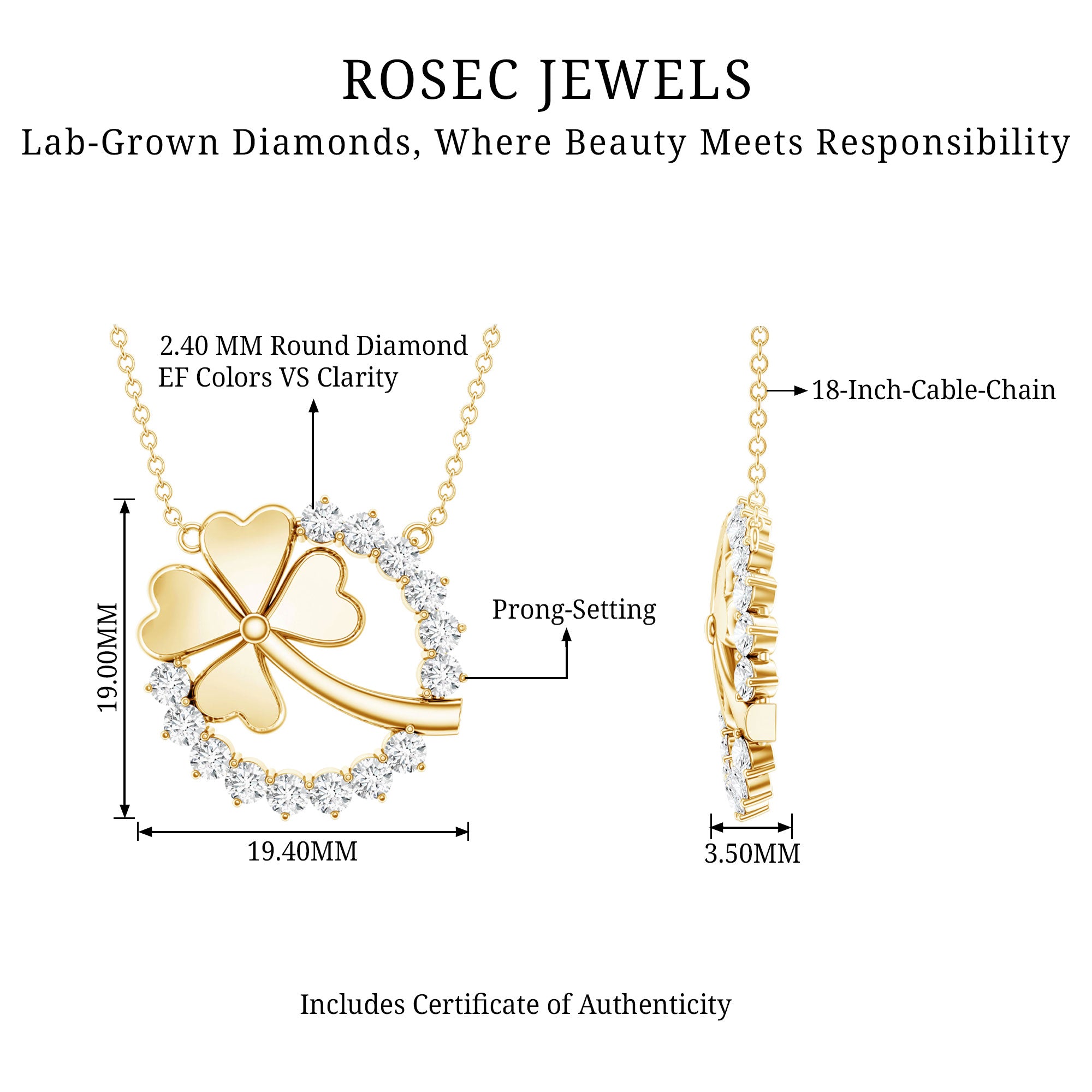 Certified Diamond Lucky 4 Leaf Necklace Lab - ( EF-VS ) - Rosec Jewels