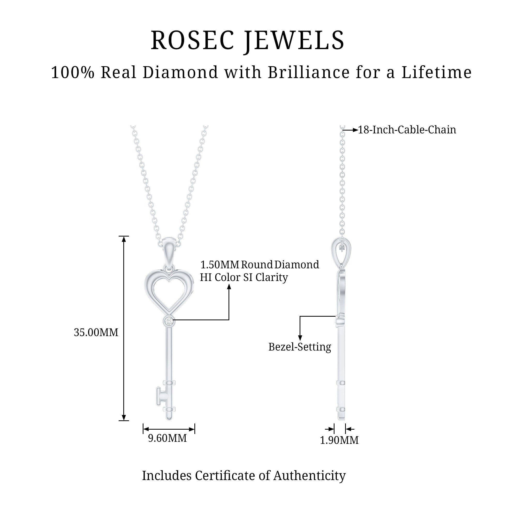 Rosec Jewels-1.5 MM Round Diamond Heart Key Pendant Necklace