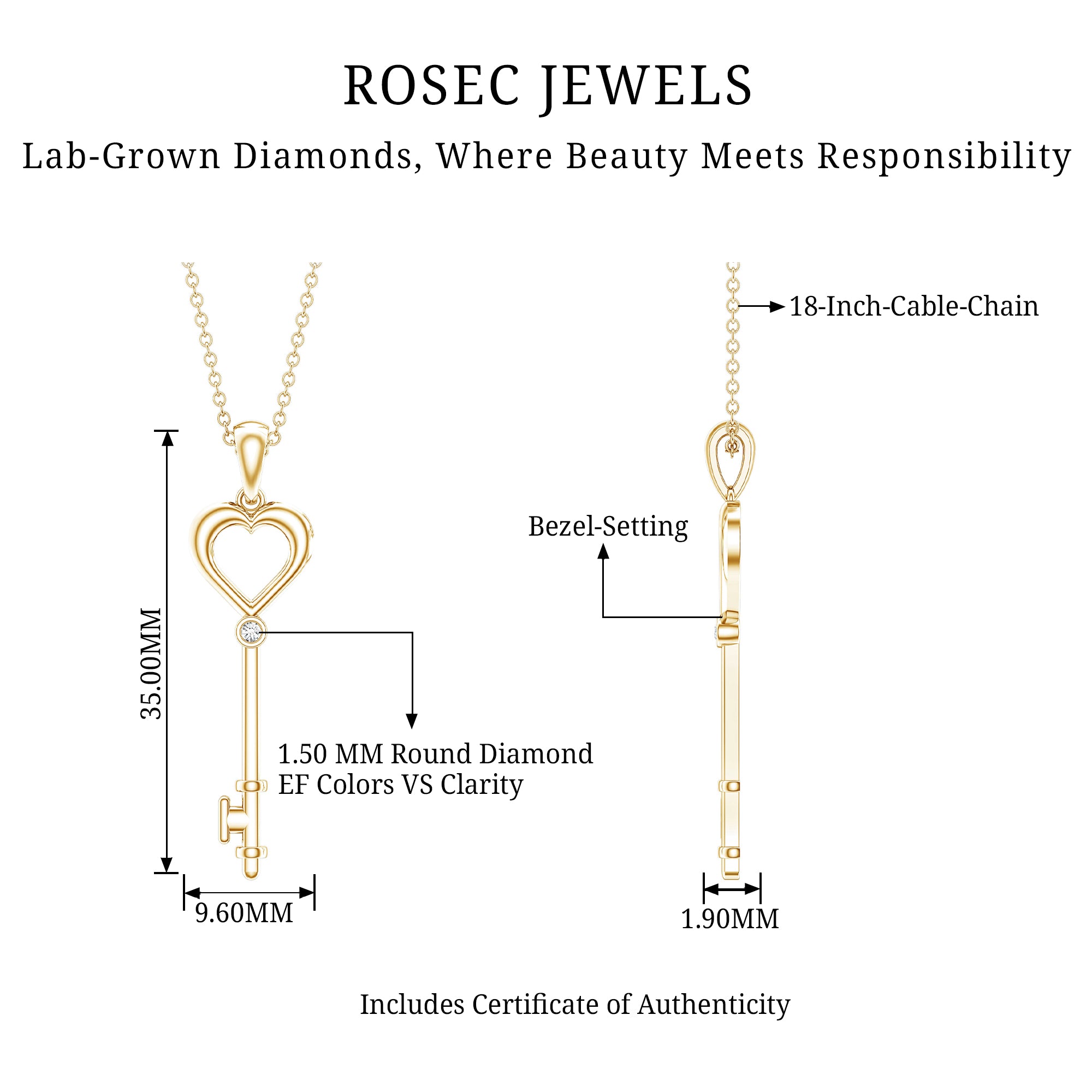 Diamond Heart Key Pendant Necklace For Women Lab - ( EF-VS ) - Rosec Jewels