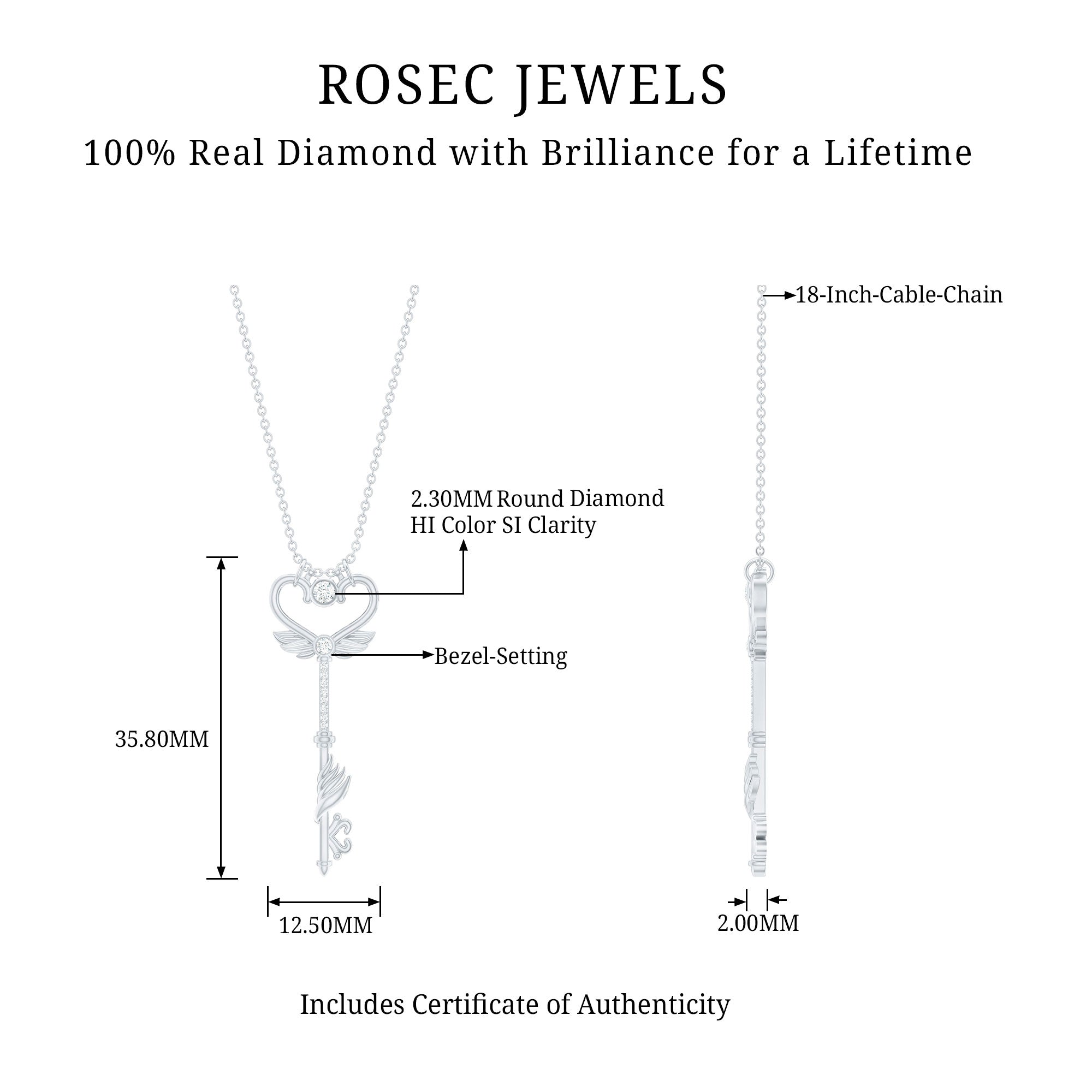 Diamond Key Necklace with Angel Wings Lab - ( EF-VS ) - Rosec Jewels