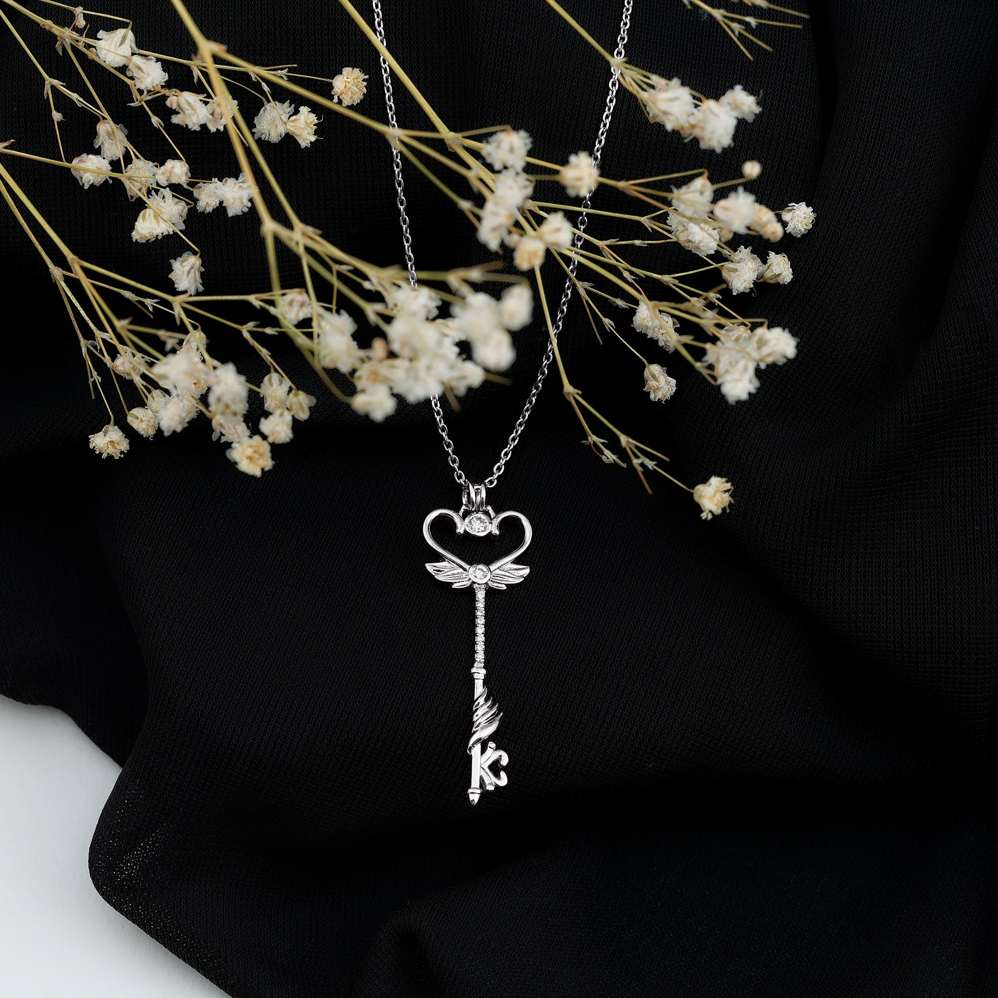 Diamond Key Necklace with Angel Wings Lab - ( EF-VS ) - Rosec Jewels