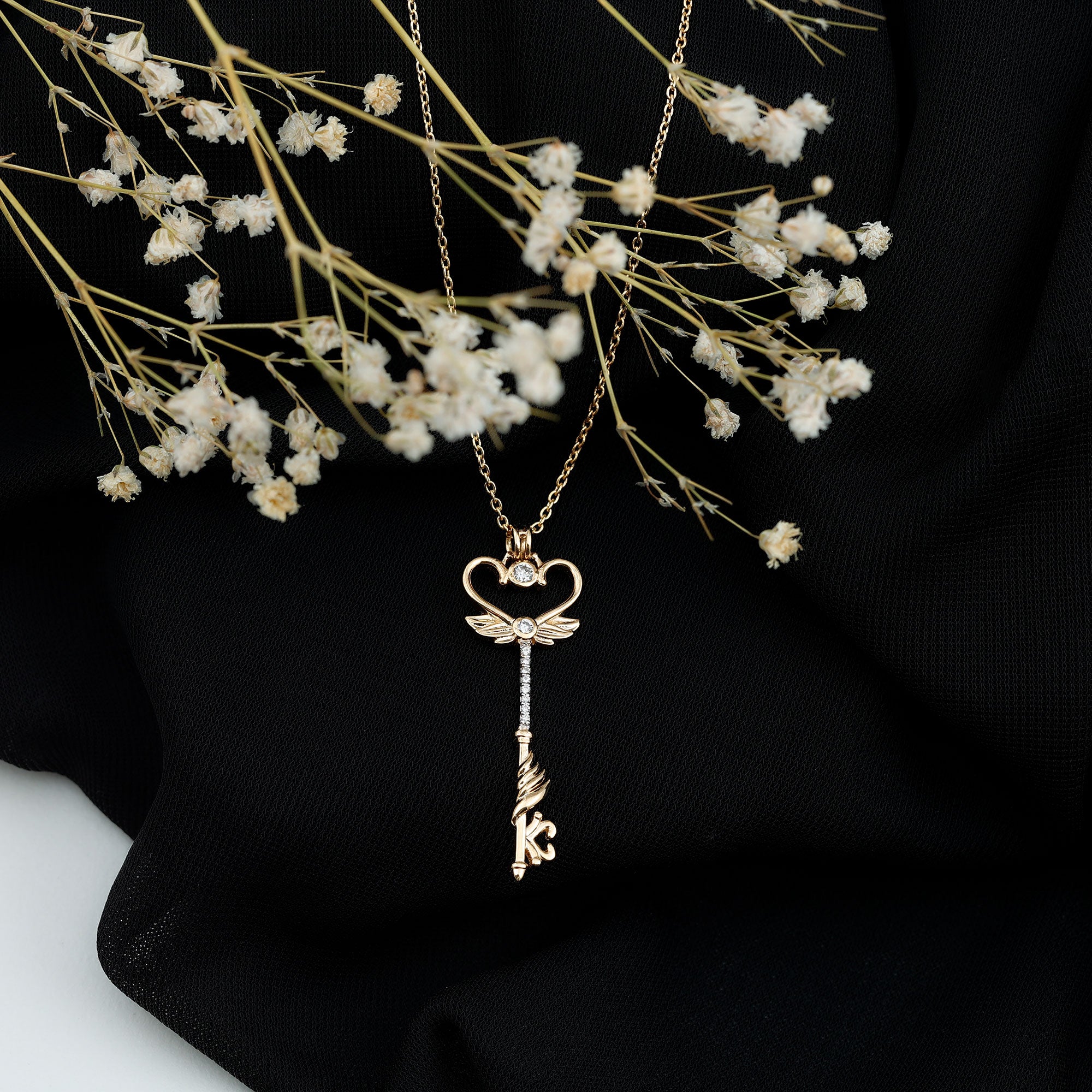 Diamond Key Necklace with Angel Wings Lab - ( EF-VS ) - Rosec Jewels