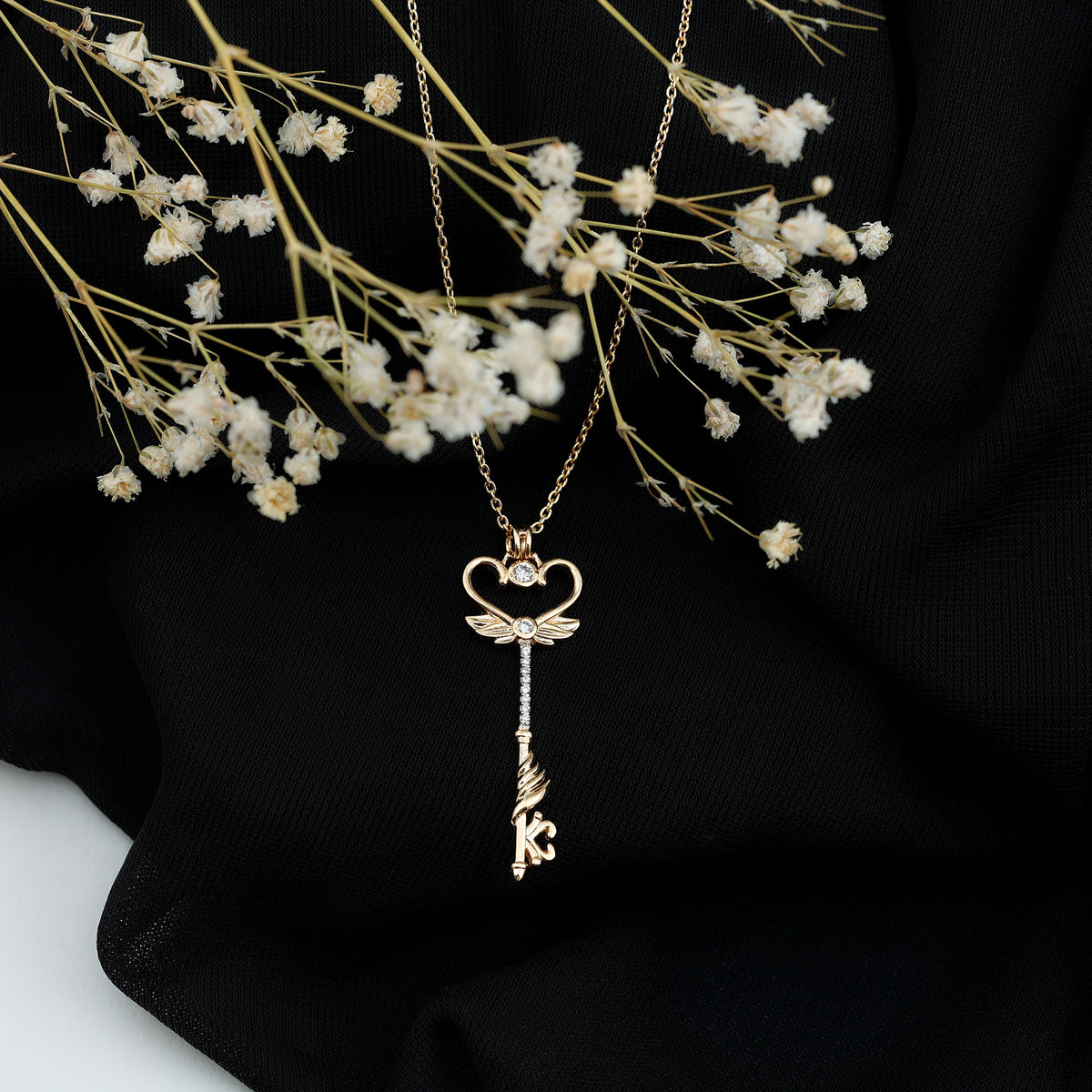Diamond Key Necklace with Angel Wings Lab - ( EF-VS ) - Rosec Jewels