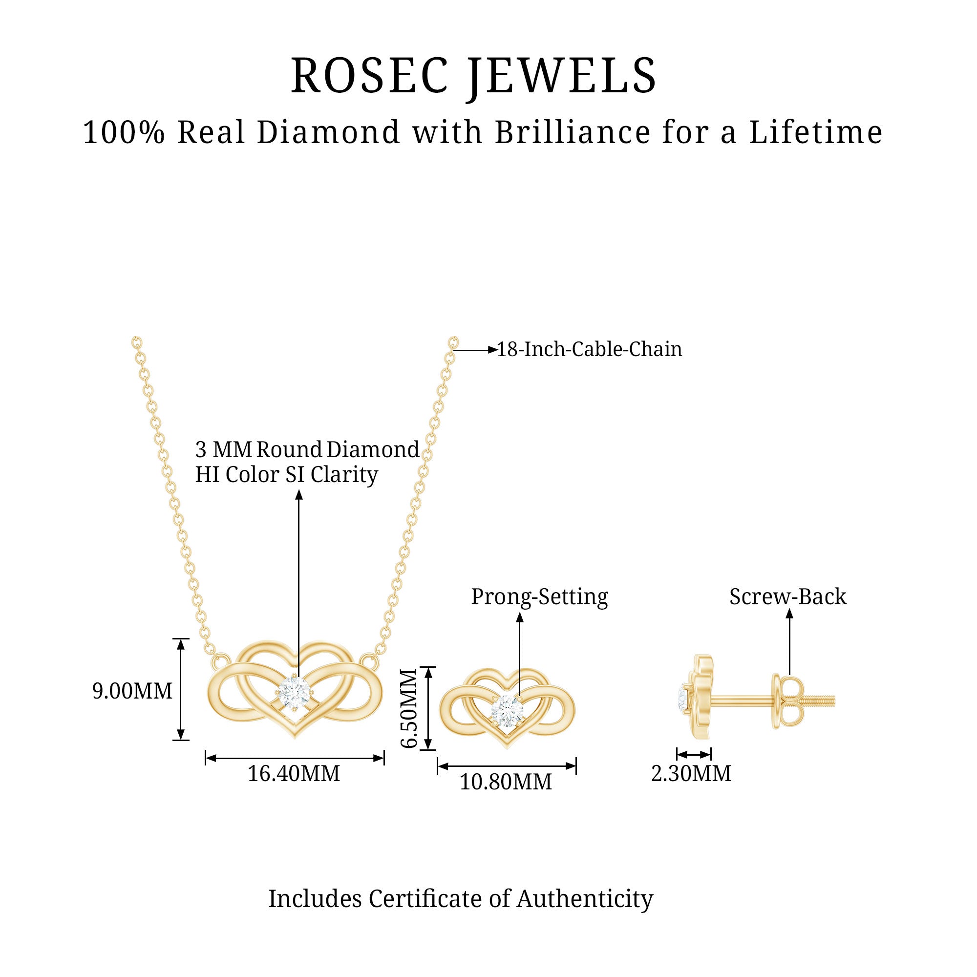 Round Cut Diamond Infinity Heart Jewelry Set Lab - ( EF-VS ) - Rosec Jewels