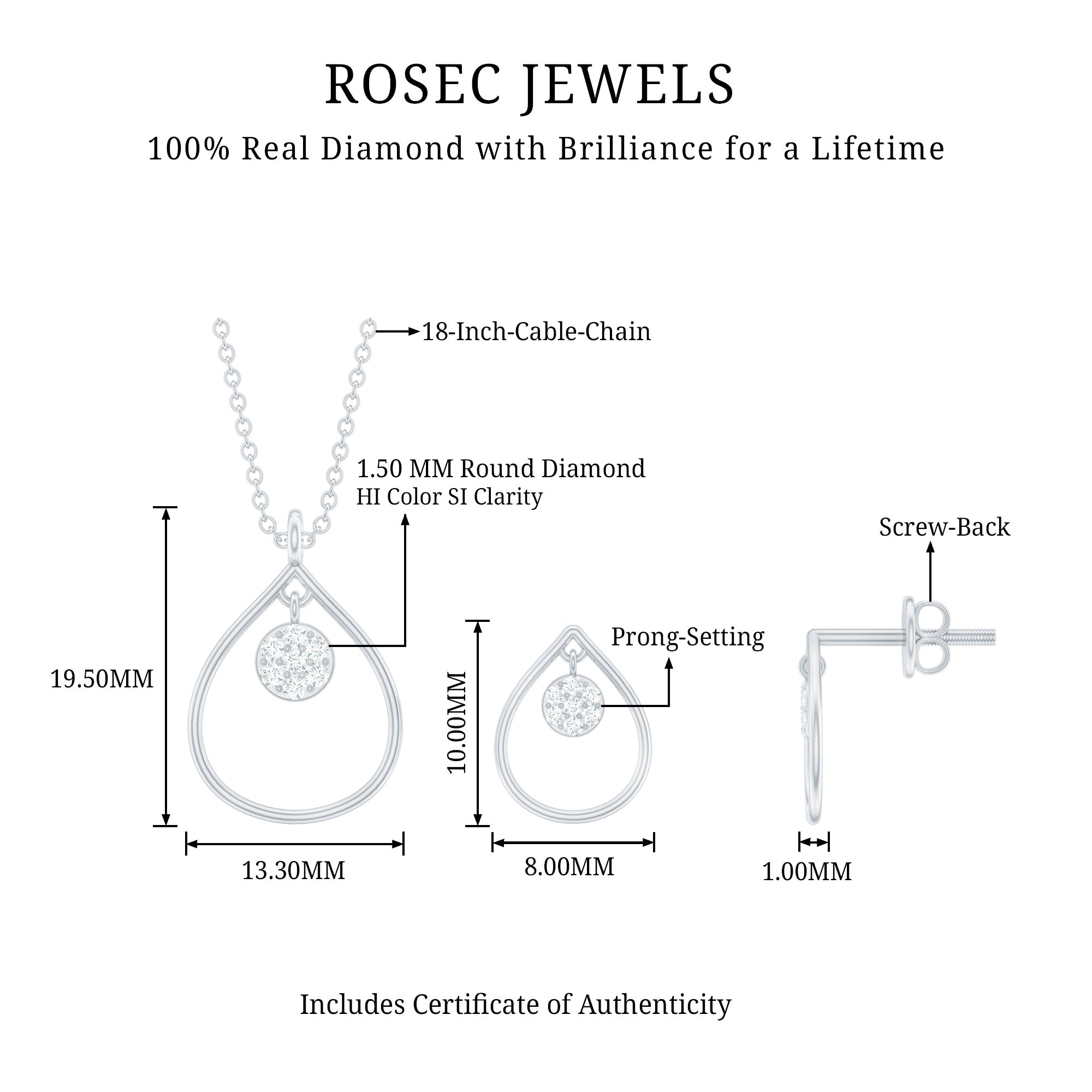 Diamond Wedding Necklace Earring Set for Bride Lab - ( EF-VS ) - Rosec Jewels