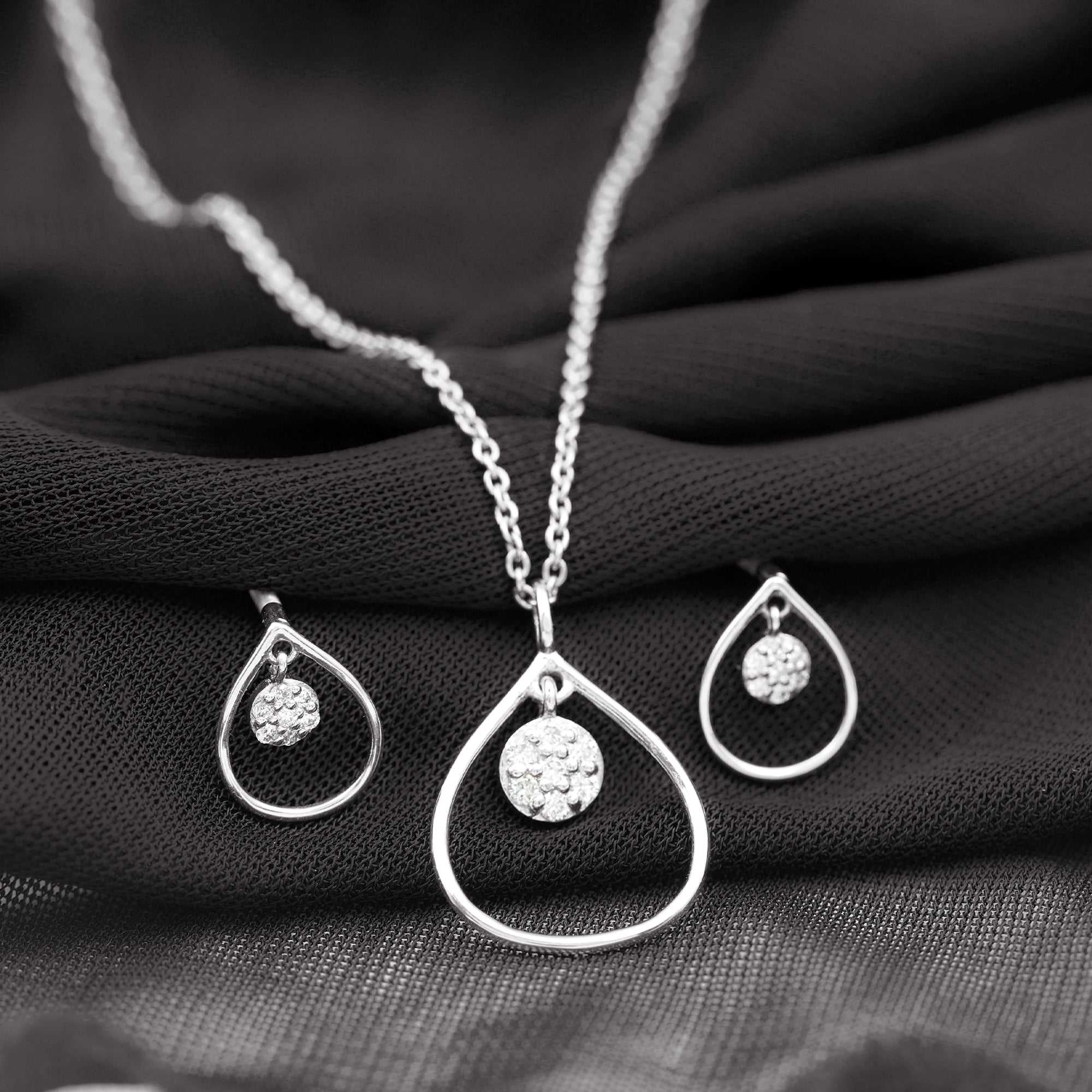 Rosec Jewels-Diamond and Gold Open Teardrop Pendant and Earring Set for Women