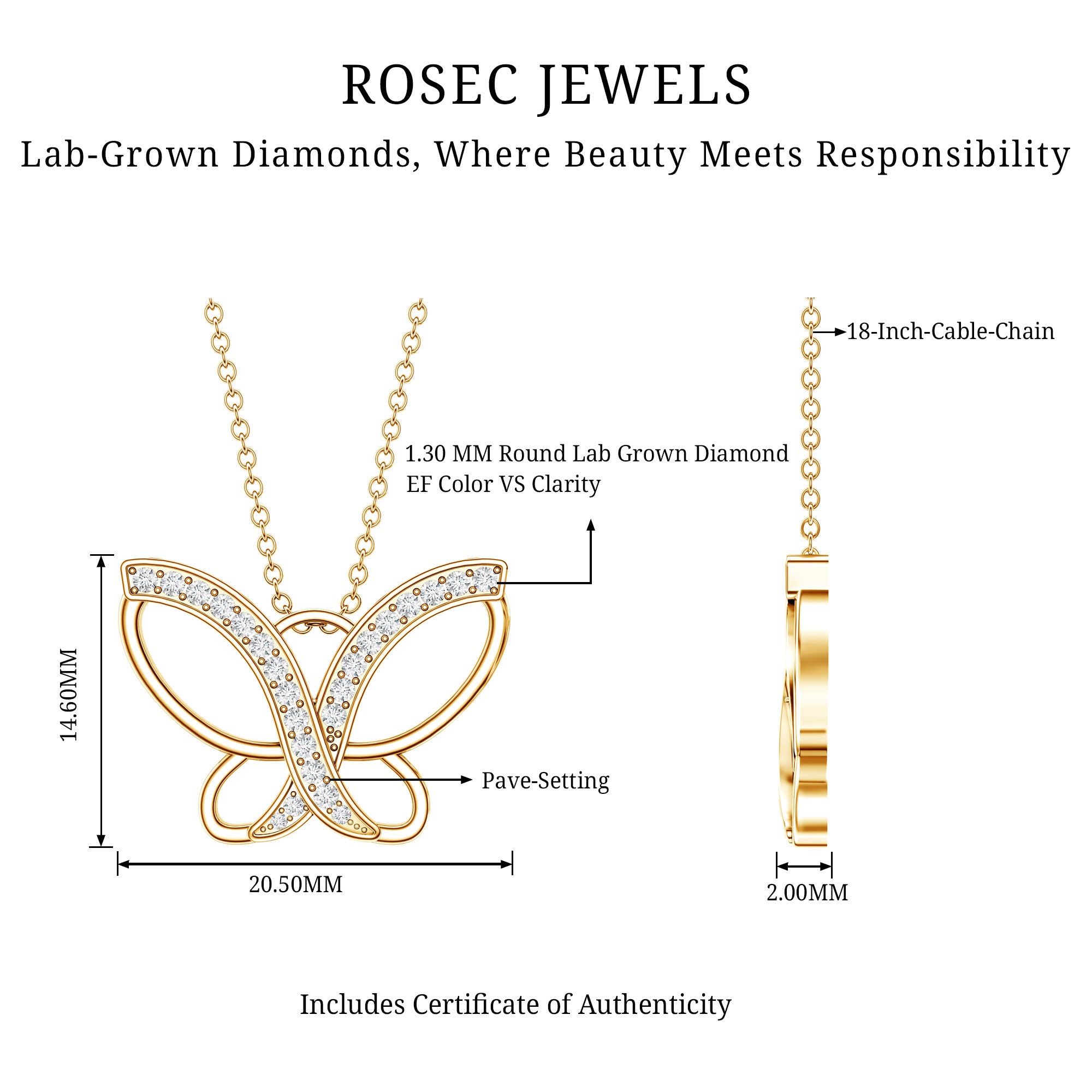 Diamond Butterfly Pendant Necklace For Women Lab - ( EF-VS ) - Rosec Jewels