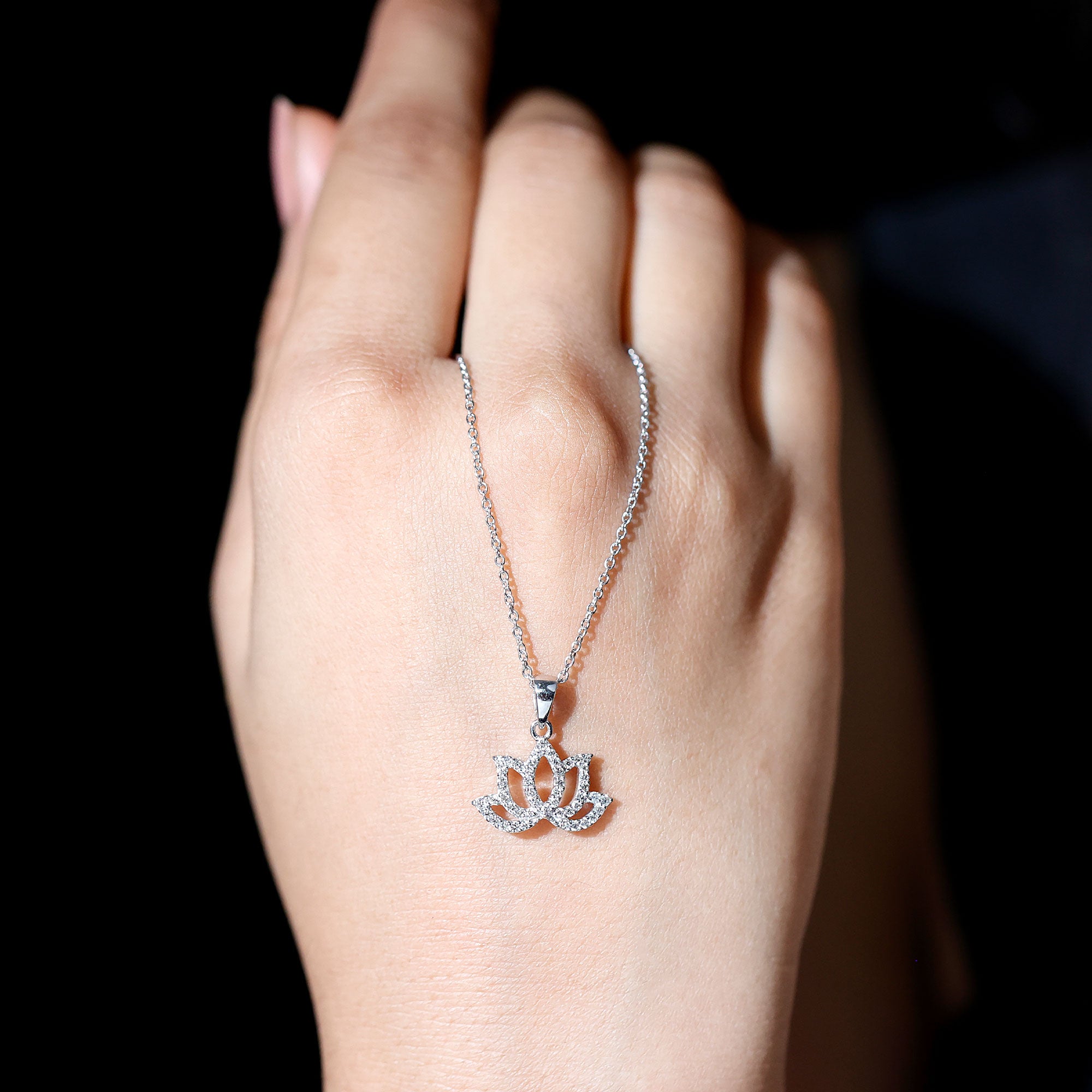 Diamond Lotus Flower Necklace in Pave Setting Lab - ( EF-VS ) - Rosec Jewels