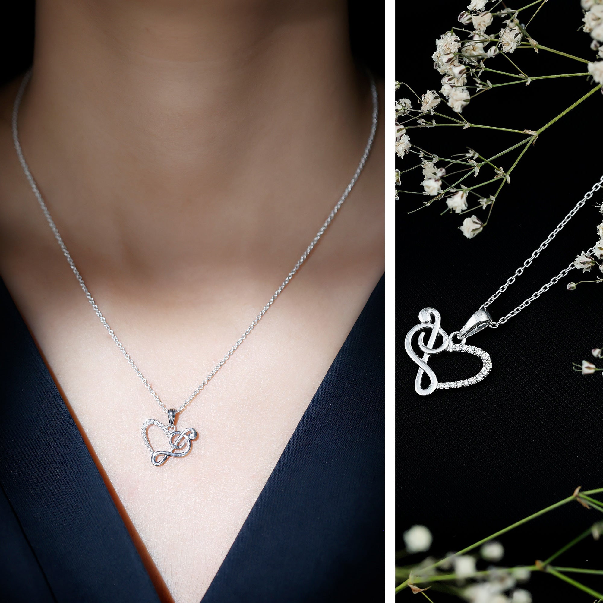Diamond Heart and Music Note Necklace Lab - ( EF-VS ) - Rosec Jewels