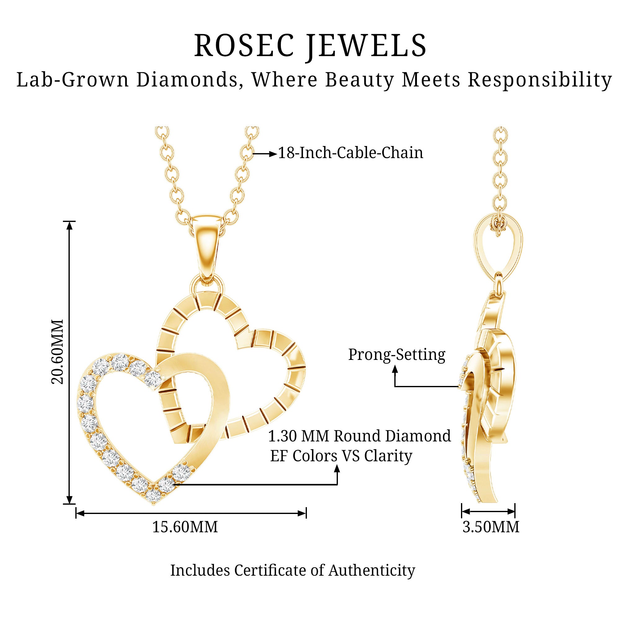 Pave Set Diamond Double Heart Necklace Lab - ( EF-VS ) - Rosec Jewels