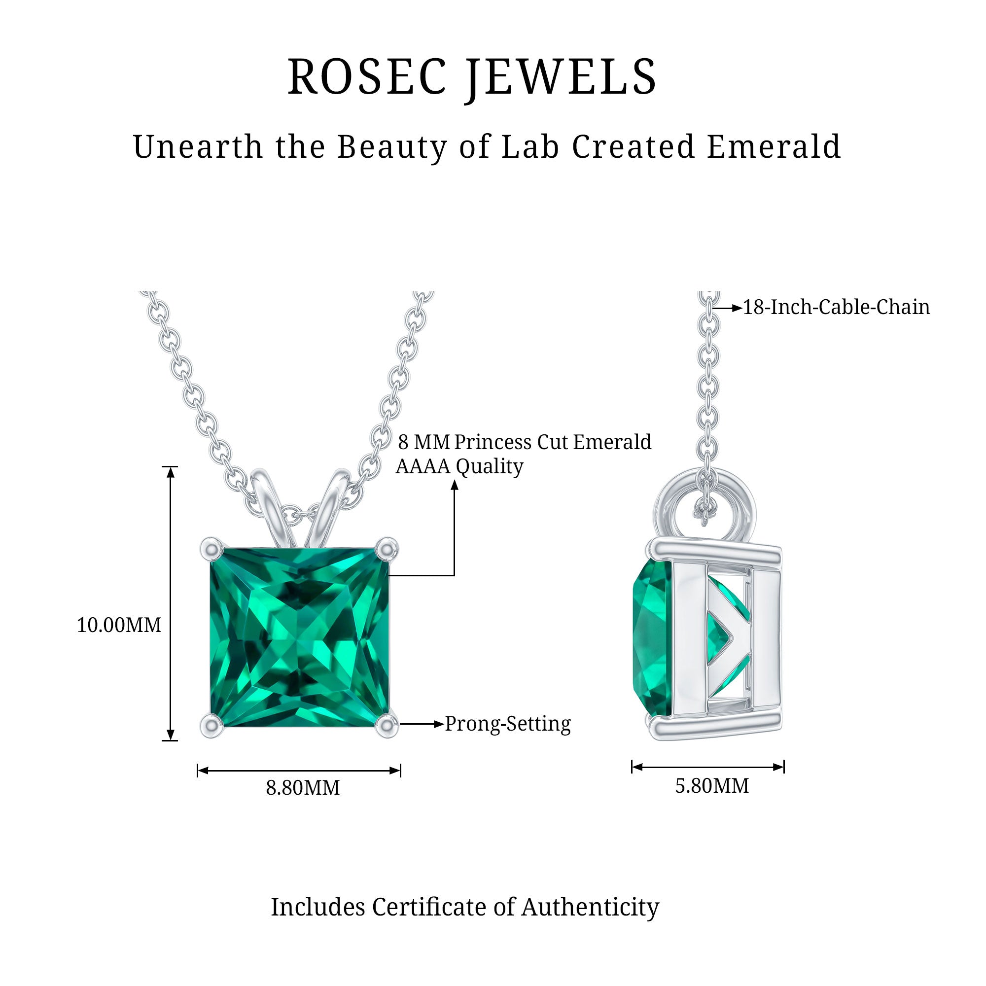 Certified Square Cut Lab Grown Emerald Solitaire Necklace With Chain AAAA - Rosec Jewels