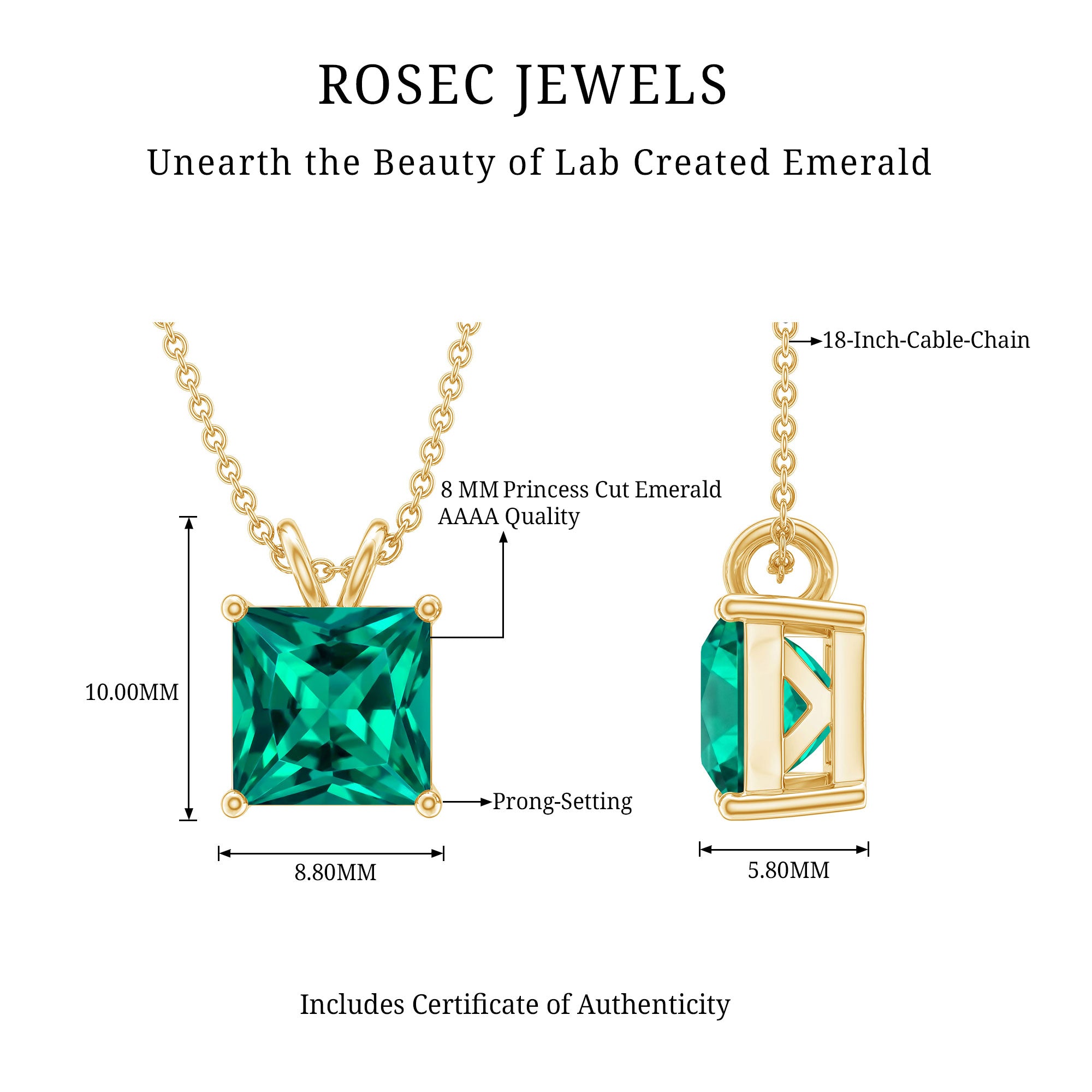 Certified Square Cut Lab Grown Emerald Solitaire Necklace With Chain AAAA - Rosec Jewels