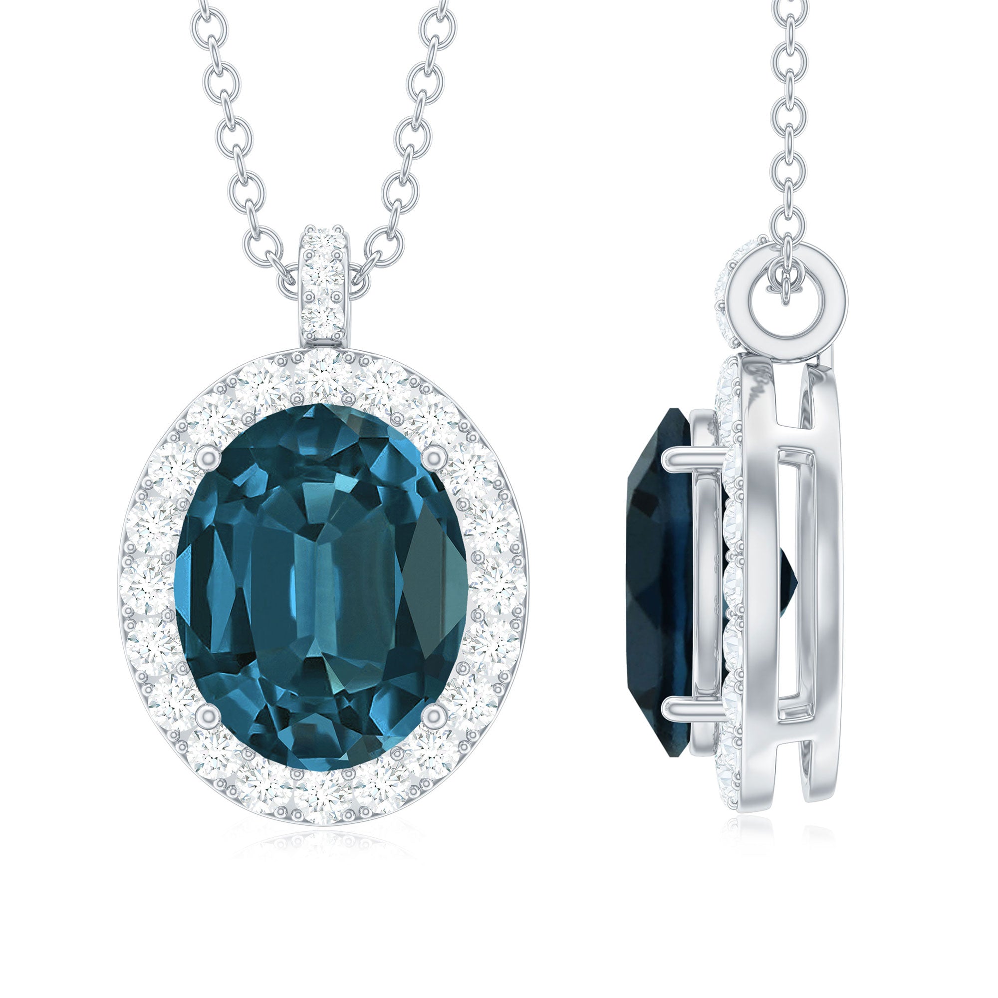 Genuine 2.5 Carat Oval Cut London Blue Topaz and Diamond Necklace AAA - Rosec Jewels