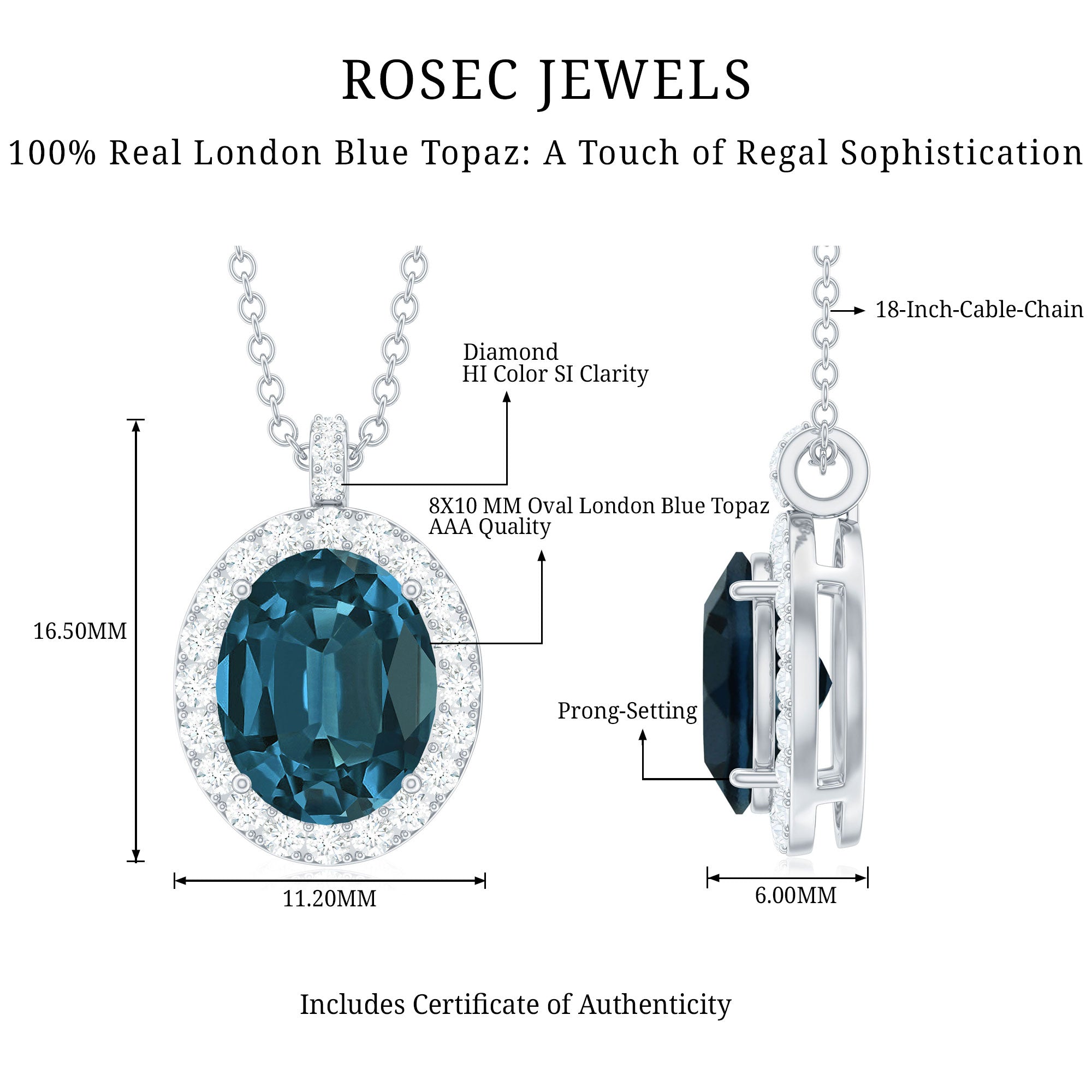 Genuine 2.5 Carat Oval Cut London Blue Topaz and Diamond Necklace AAA - Rosec Jewels