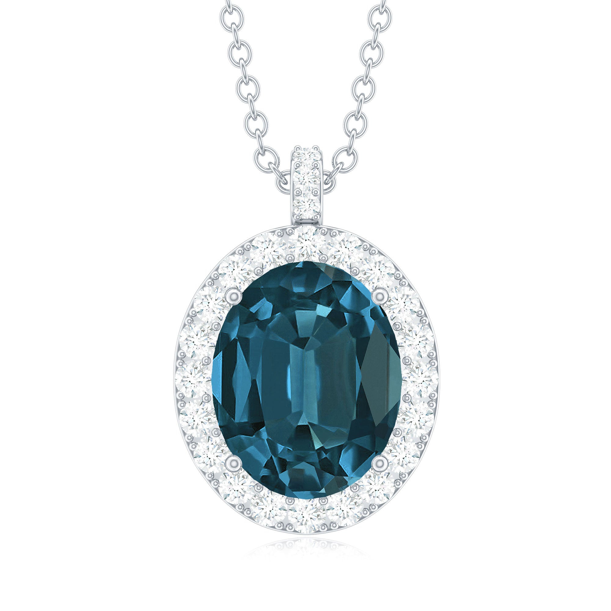 Genuine 2.5 Carat Oval Cut London Blue Topaz and Diamond Necklace AAA - Rosec Jewels