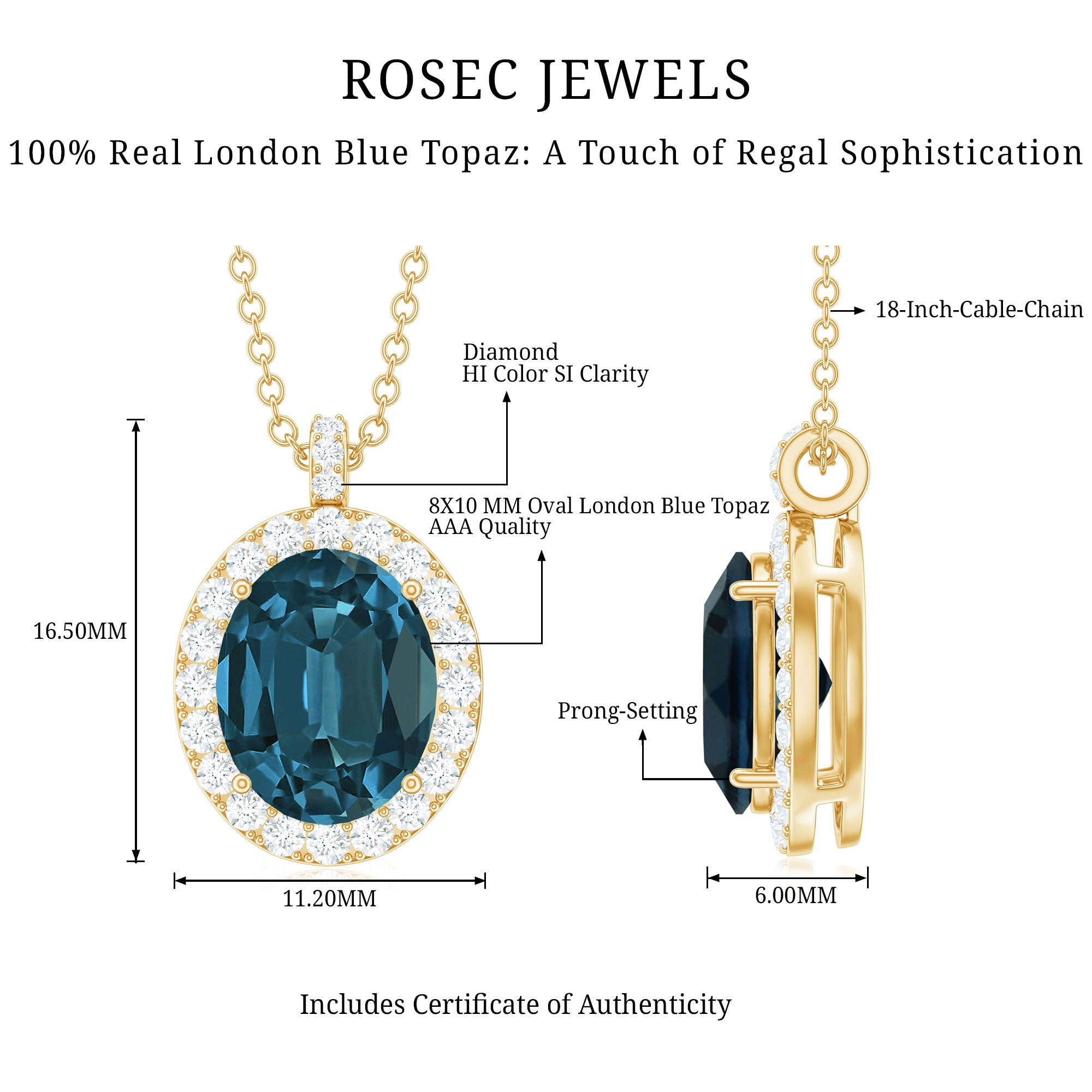 Genuine 2.5 Carat Oval Cut London Blue Topaz and Diamond Necklace AAA - Rosec Jewels