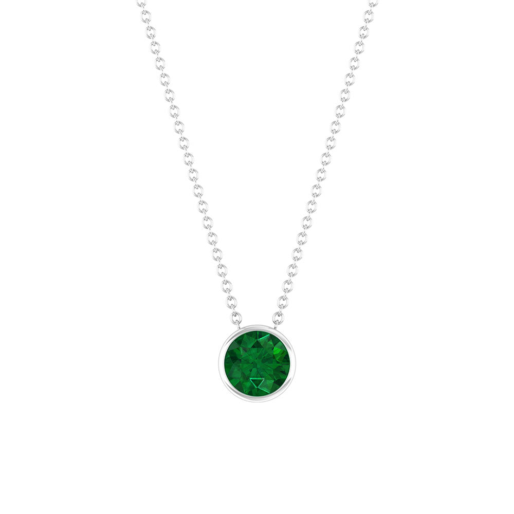 Round Shape Emerald Solitaire Necklace in Bezel Setting