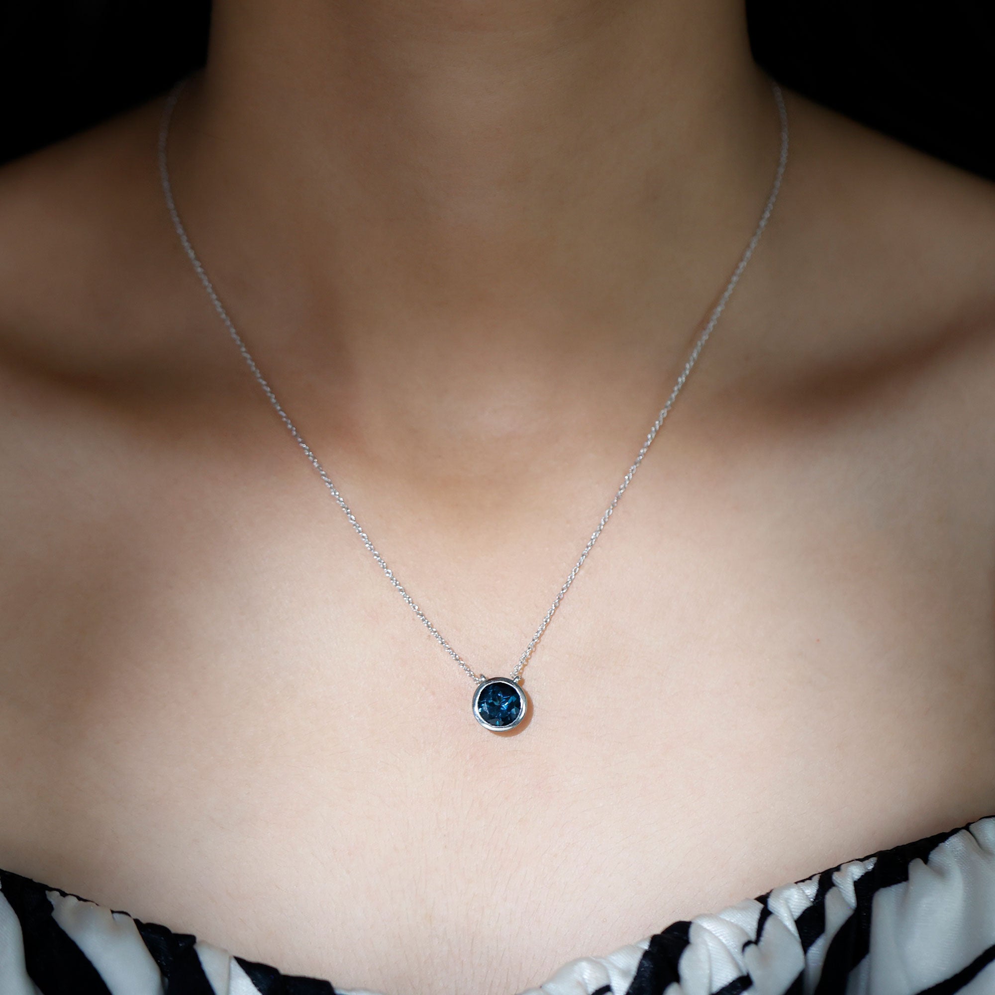 2 Carat Solitaire London Blue Topaz Chain Necklace in Bezel Setting AAA - Rosec Jewels