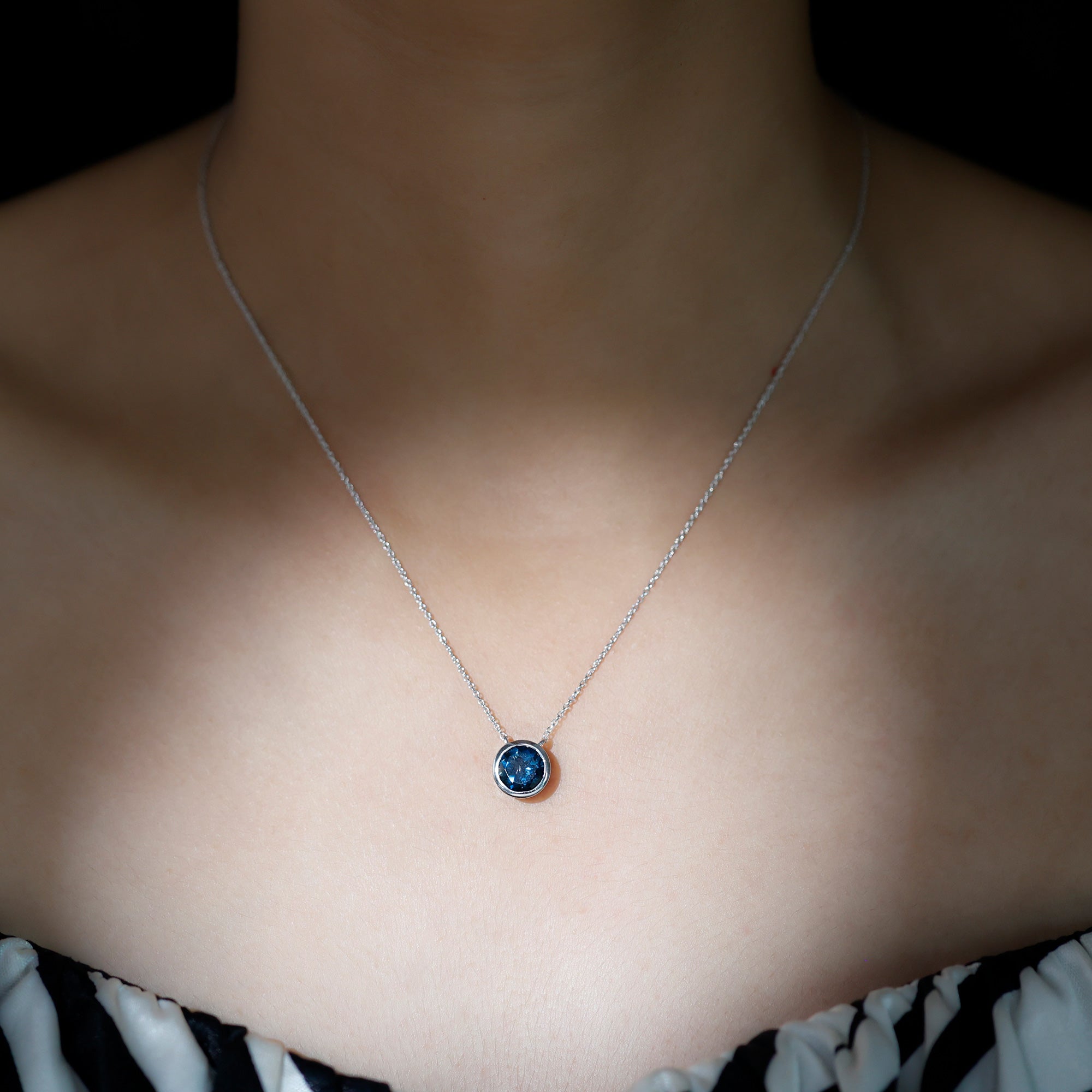 2 Carat Solitaire London Blue Topaz Chain Necklace in Bezel Setting AAA - Rosec Jewels