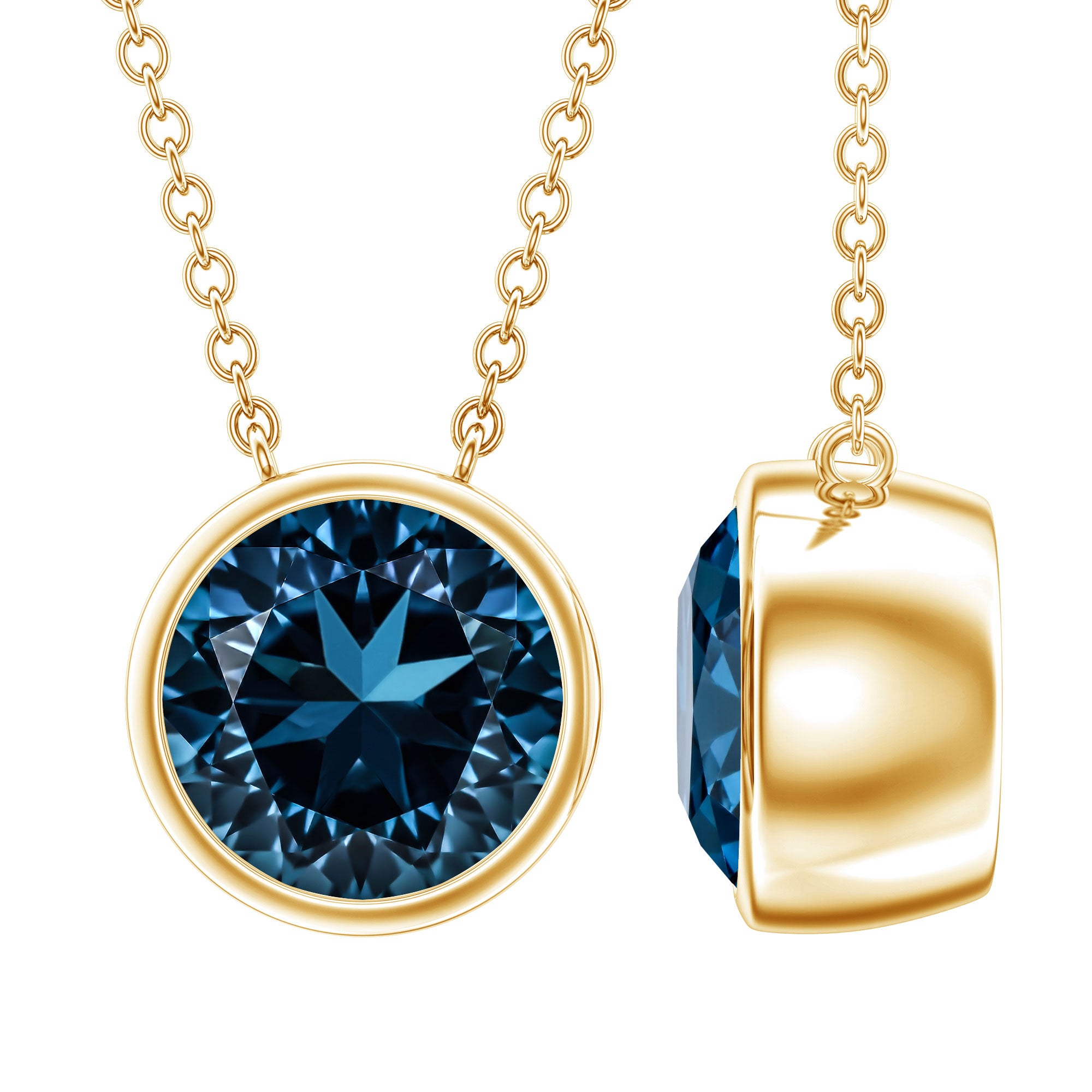 2 Carat Solitaire London Blue Topaz Chain Necklace in Bezel Setting AAA - Rosec Jewels