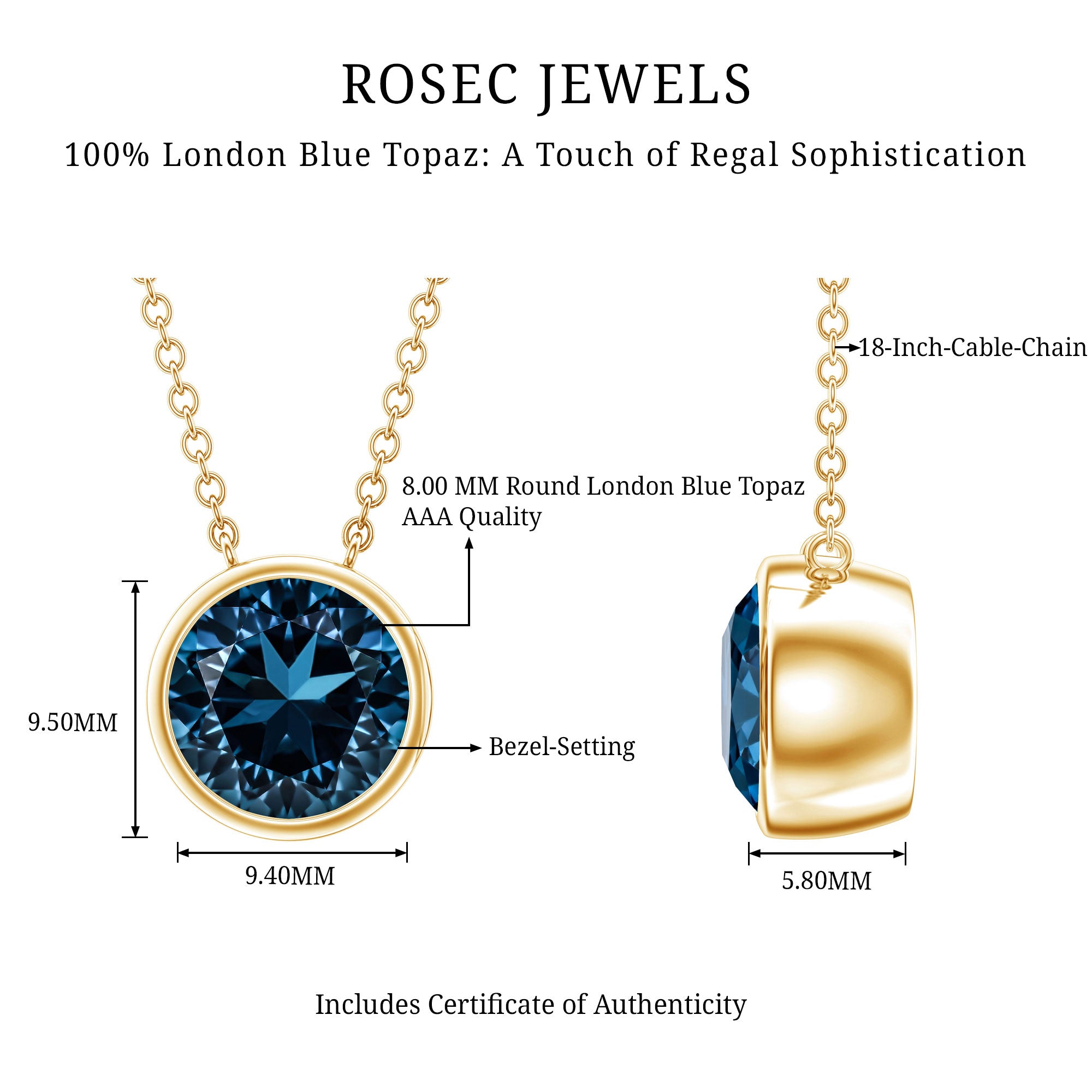 2 Carat Solitaire London Blue Topaz Chain Necklace in Bezel Setting AAA - Rosec Jewels