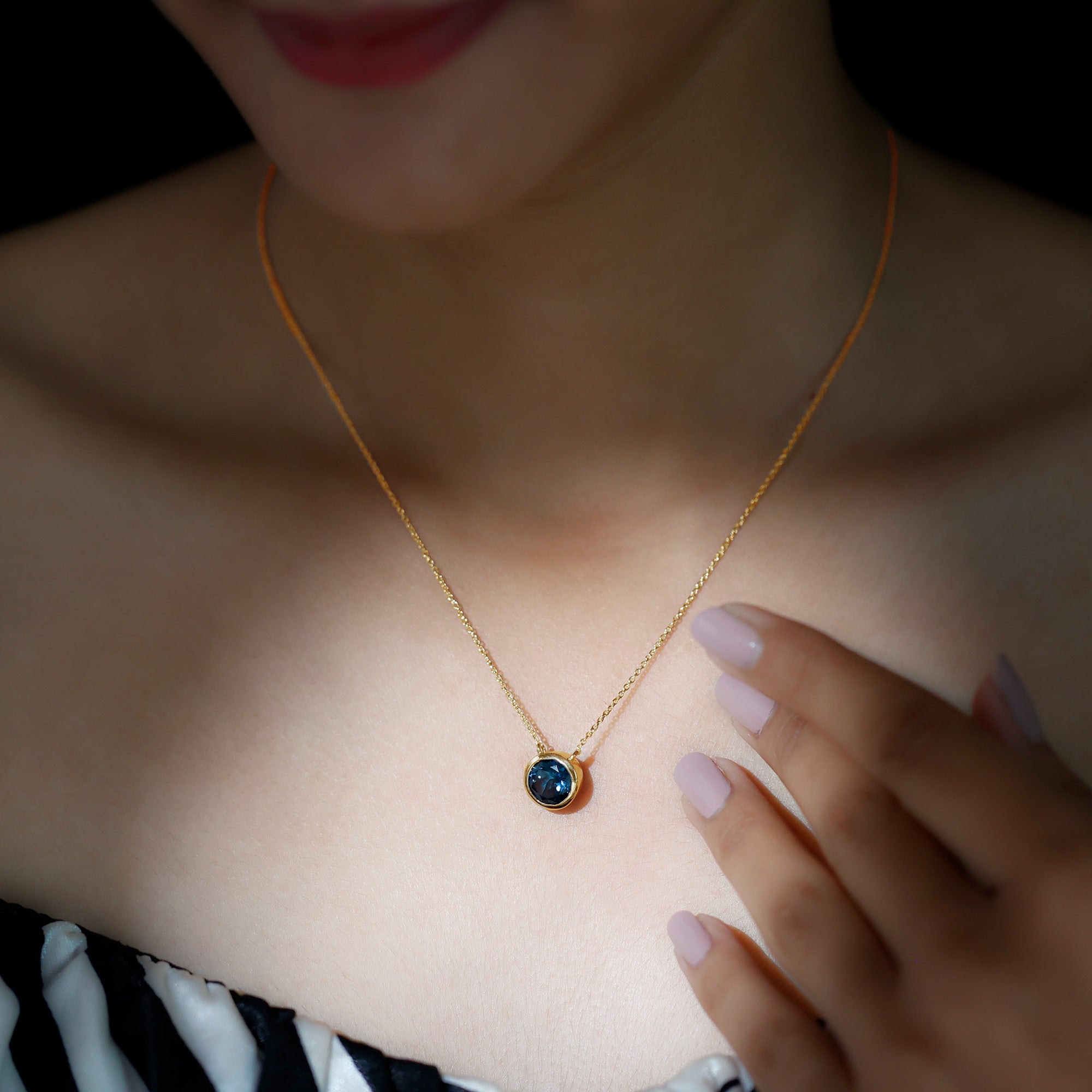 2 Carat Solitaire London Blue Topaz Chain Necklace in Bezel Setting AAA - Rosec Jewels