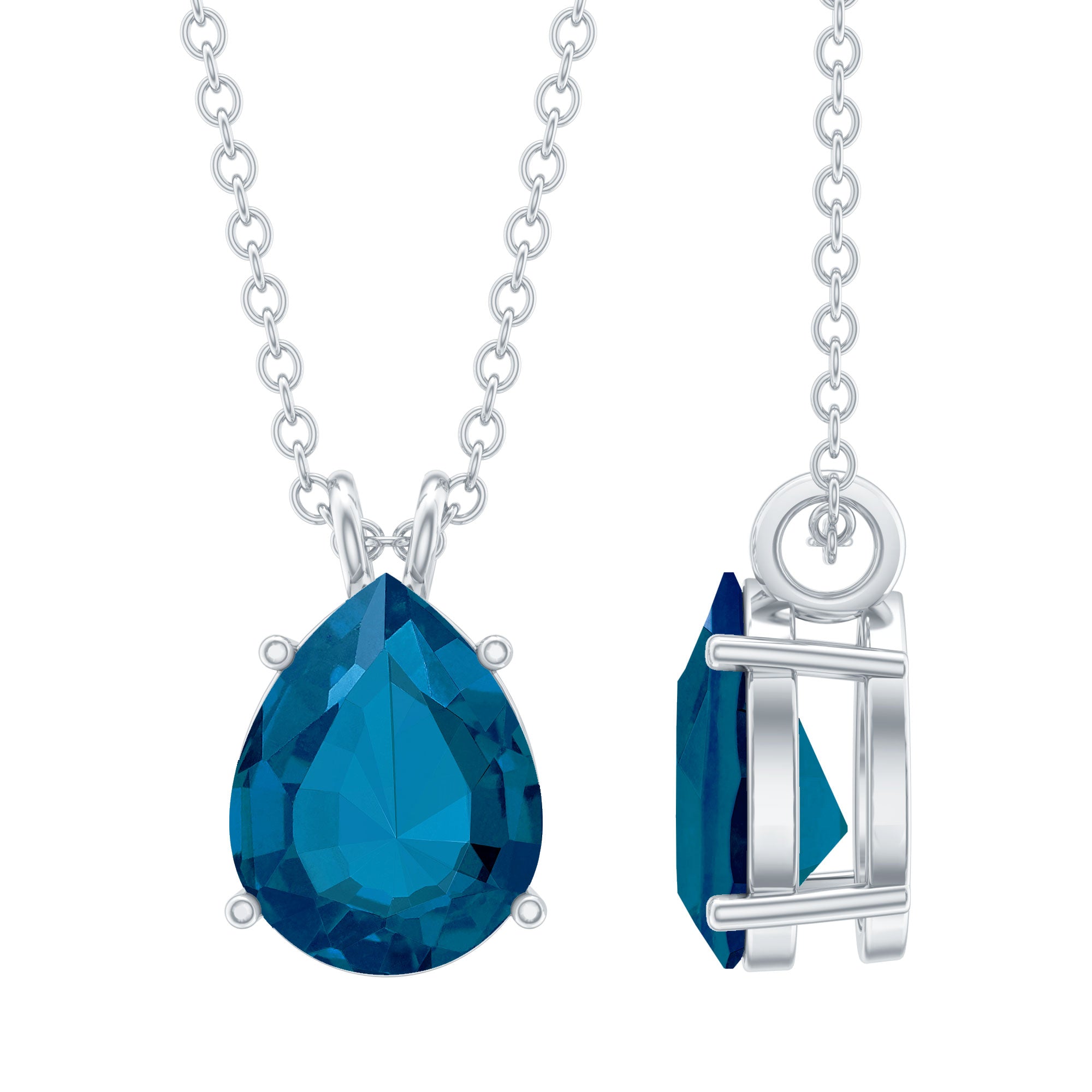 7X10MM London Blue Topaz Solitaire Teardrop Necklace With Chain AAA - Rosec Jewels