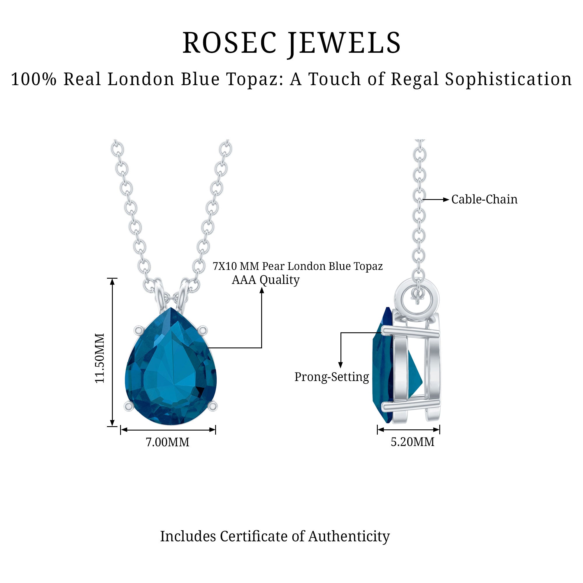 7X10MM London Blue Topaz Solitaire Teardrop Necklace With Chain AAA - Rosec Jewels