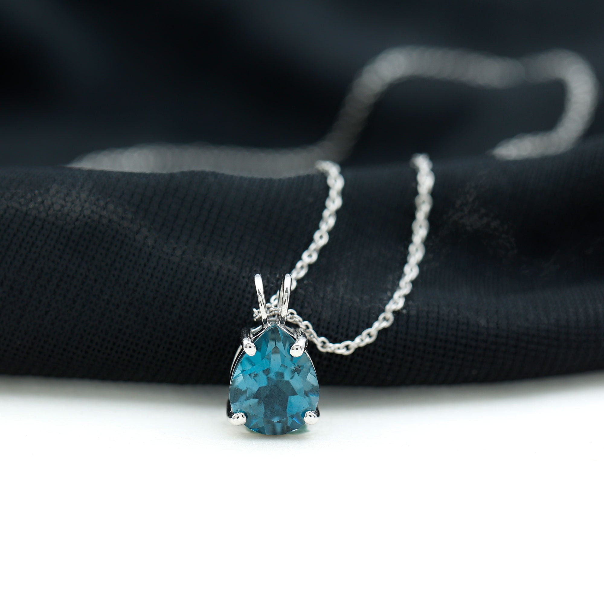 7X10MM London Blue Topaz Solitaire Teardrop Necklace With Chain AAA - Rosec Jewels