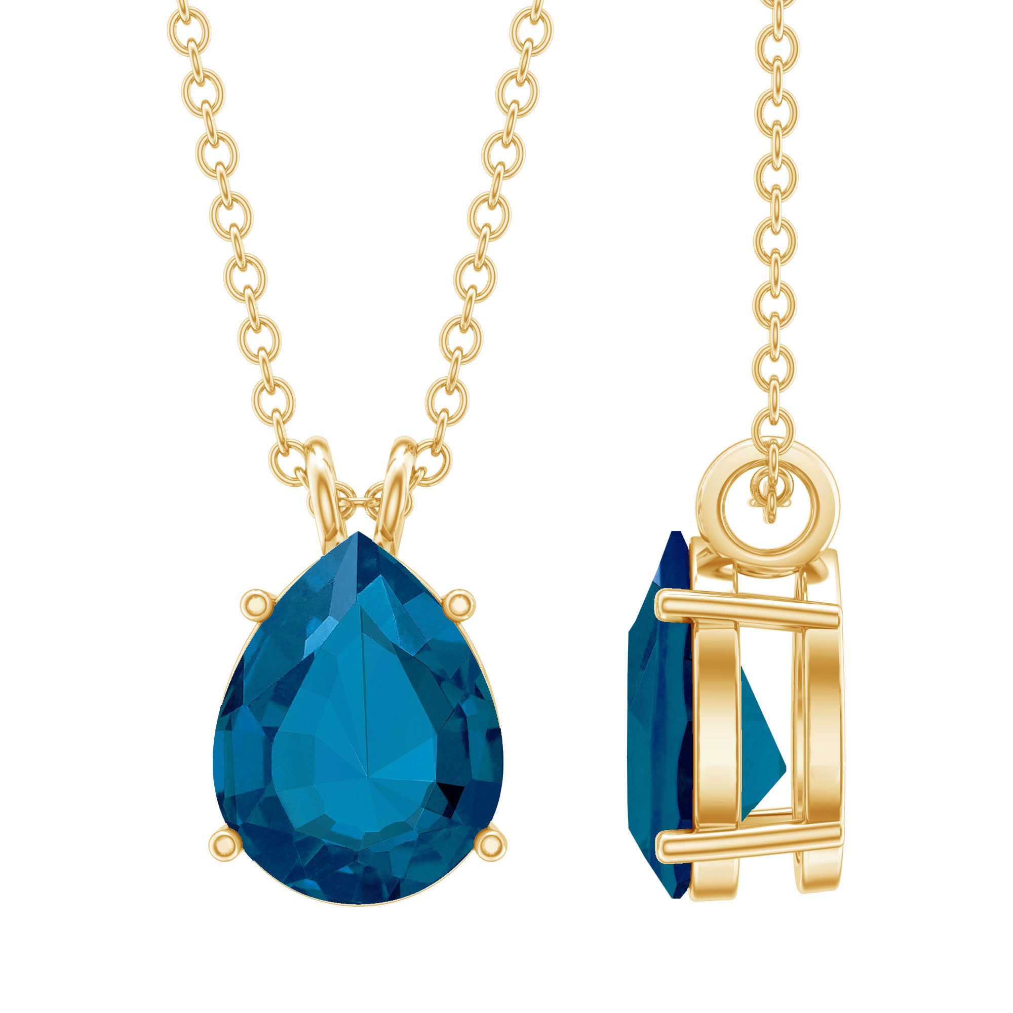 7X10MM London Blue Topaz Solitaire Teardrop Necklace With Chain AAA - Rosec Jewels