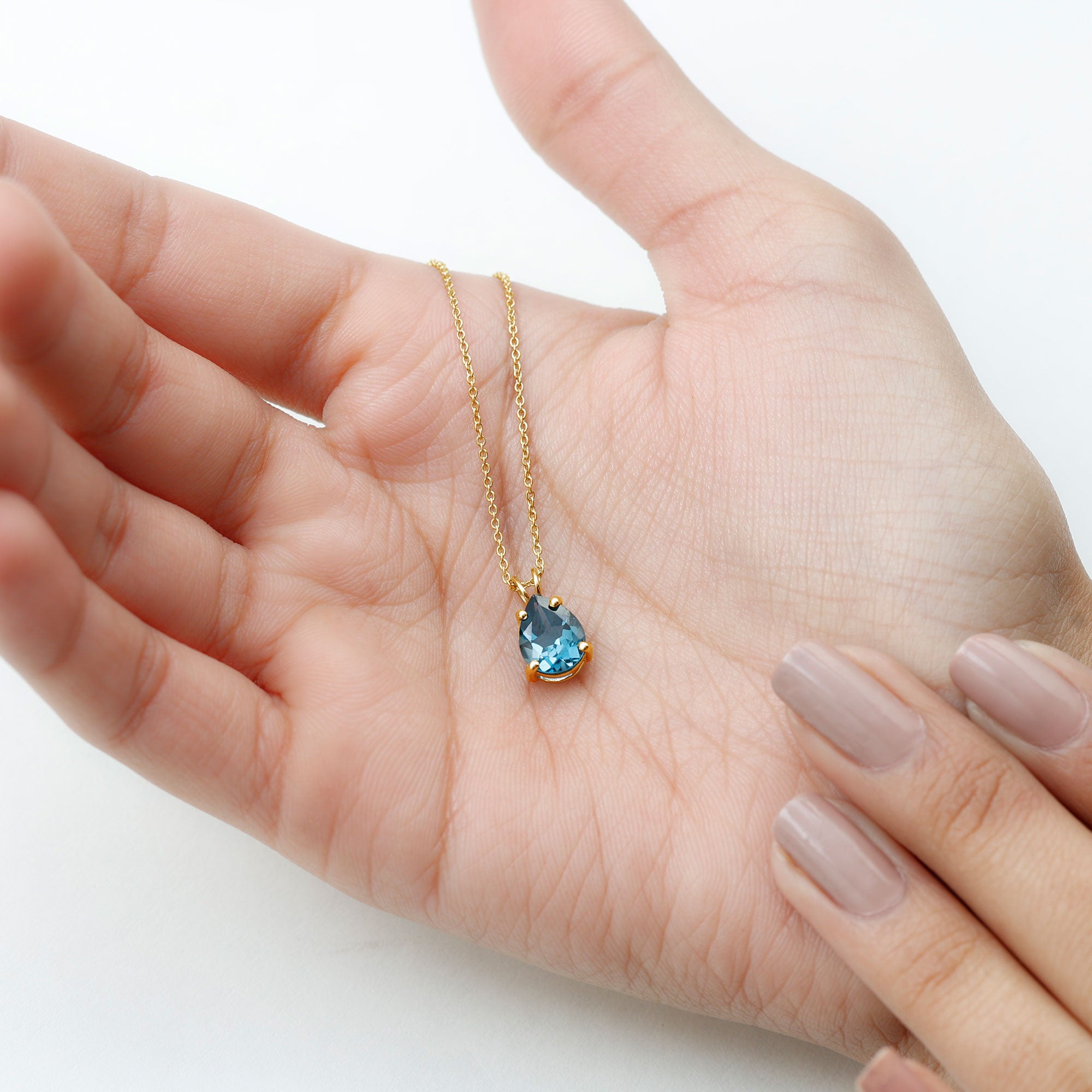 7X10MM London Blue Topaz Solitaire Teardrop Necklace With Chain AAA - Rosec Jewels