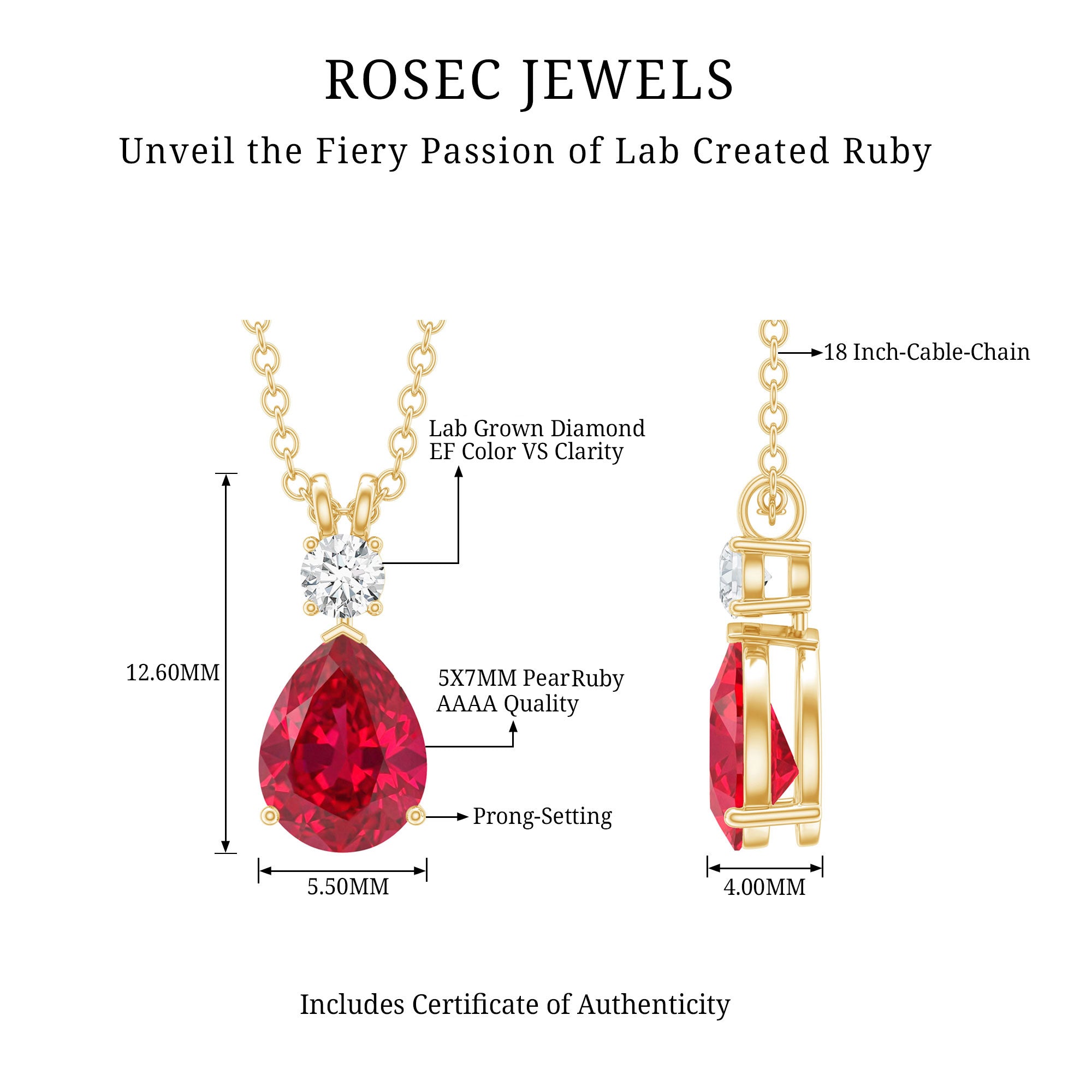 Pear Shape Lab Grown Ruby Teardrop Necklace with Diamond AAAA - Rosec Jewels
