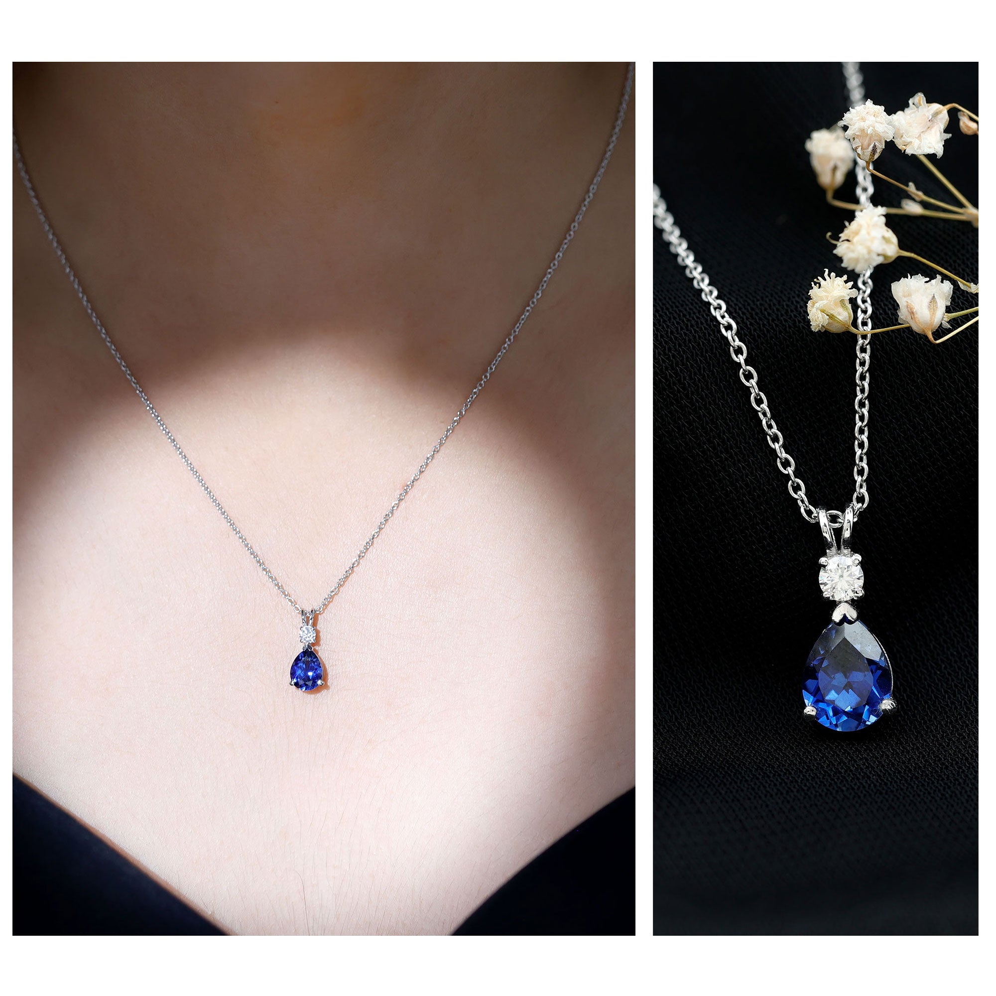 Lab Created Blue Sapphire Teardrop Necklace with Moissanite AAAA - Rosec Jewels
